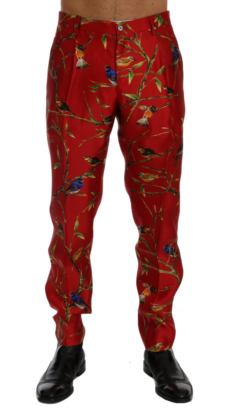 Elegant Silk Dress Trousers in Red Bird Print - ventzia