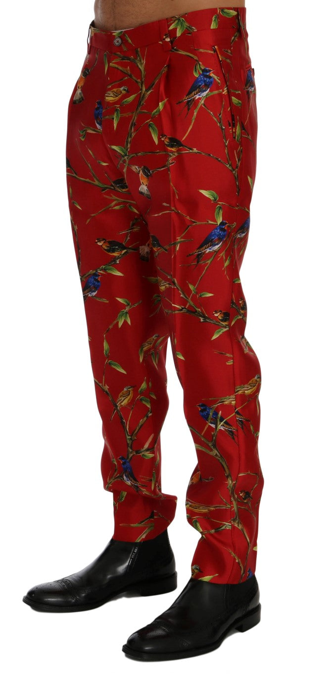 Elegant Silk Dress Trousers in Red Bird Print - ventzia