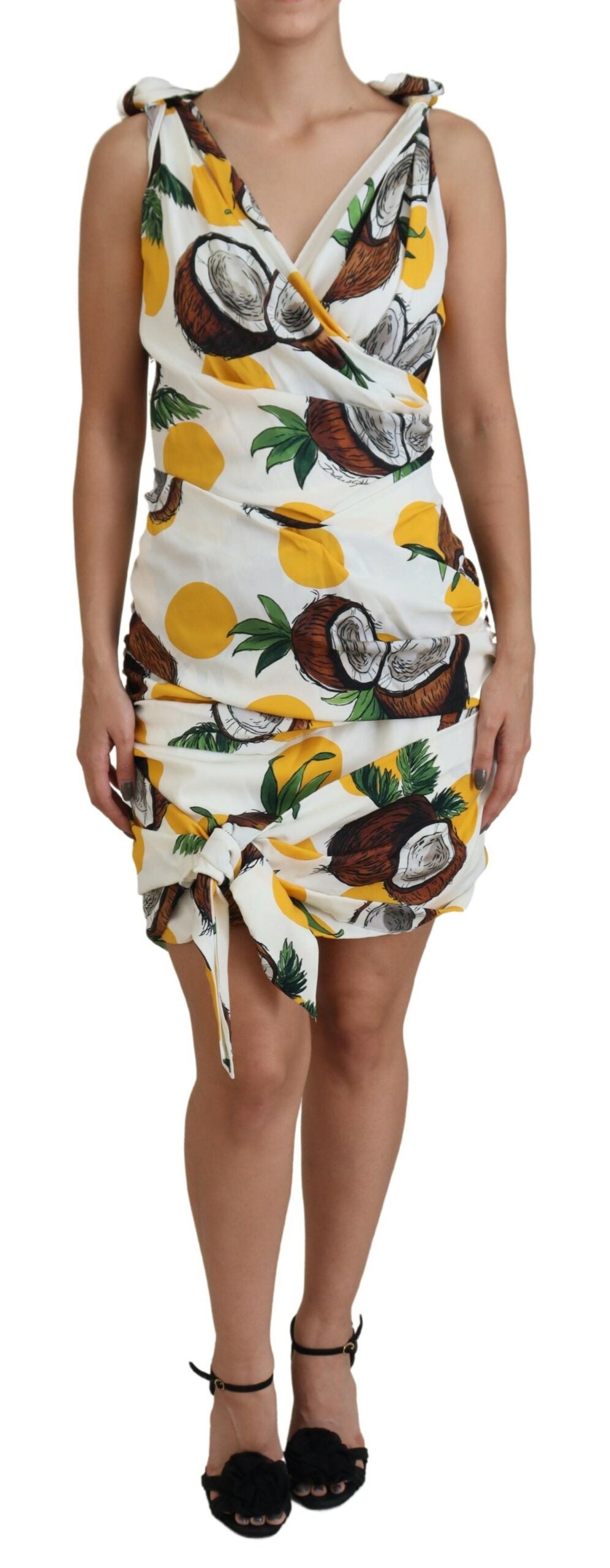 White Coconut Print Sheath Mini Silk Dress - ventzia