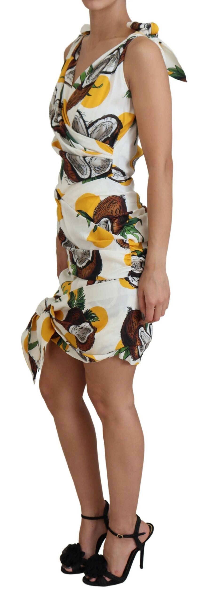 White Coconut Print Sheath Mini Silk Dress - ventzia