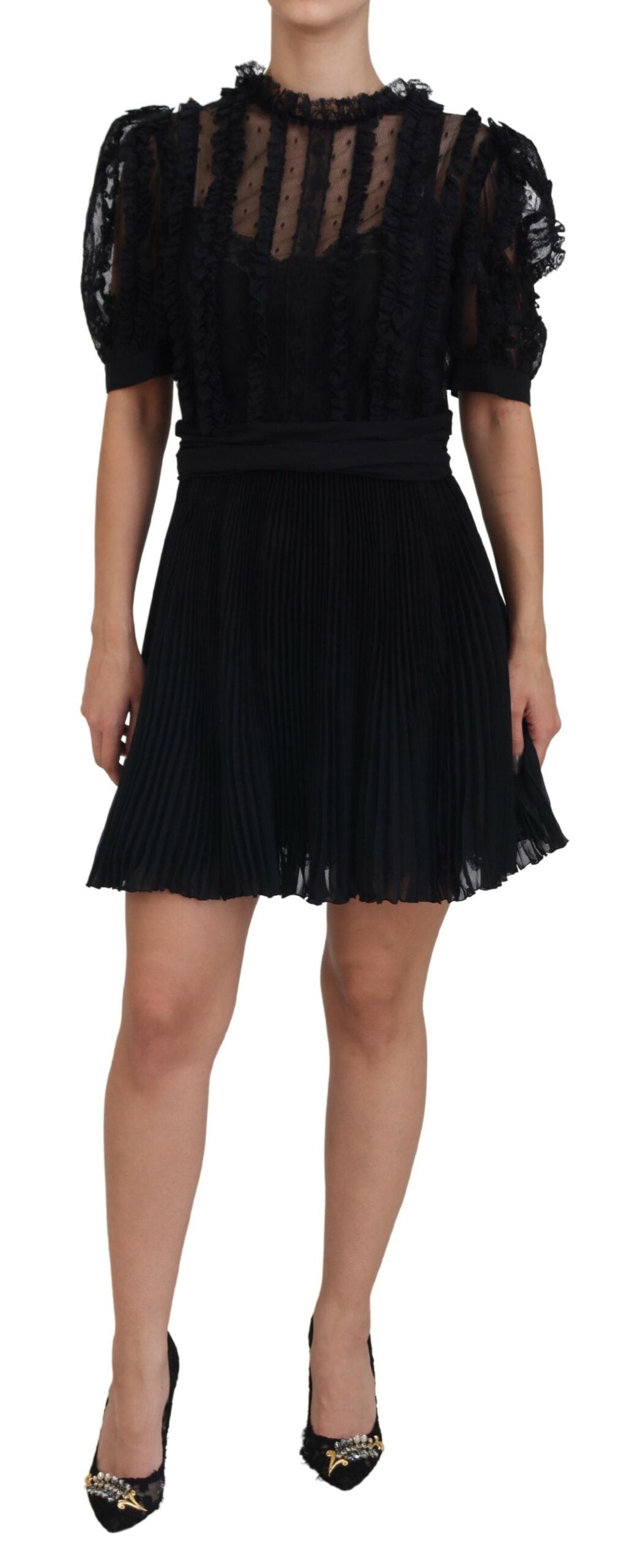 Black Lace Trim A-line Mini Nylon Dress - ventzia