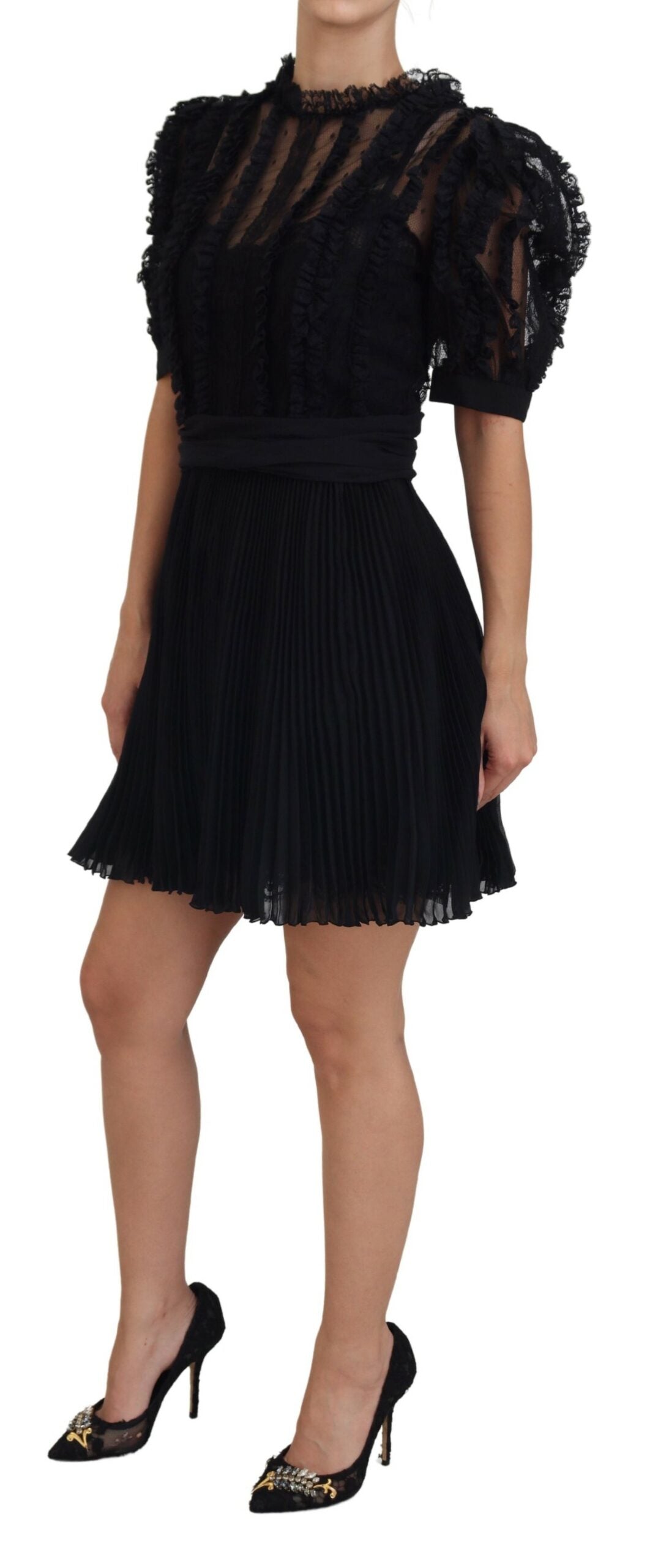 Black Lace Trim A-line Mini Nylon Dress - ventzia