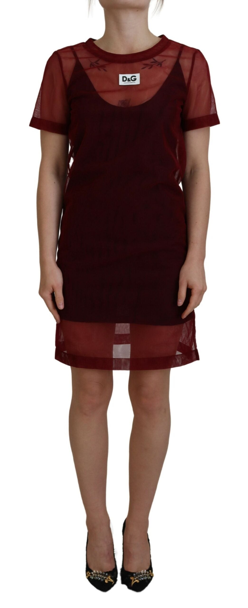 Maroon Nylon Two Layer Shift Mini Dress - ventzia