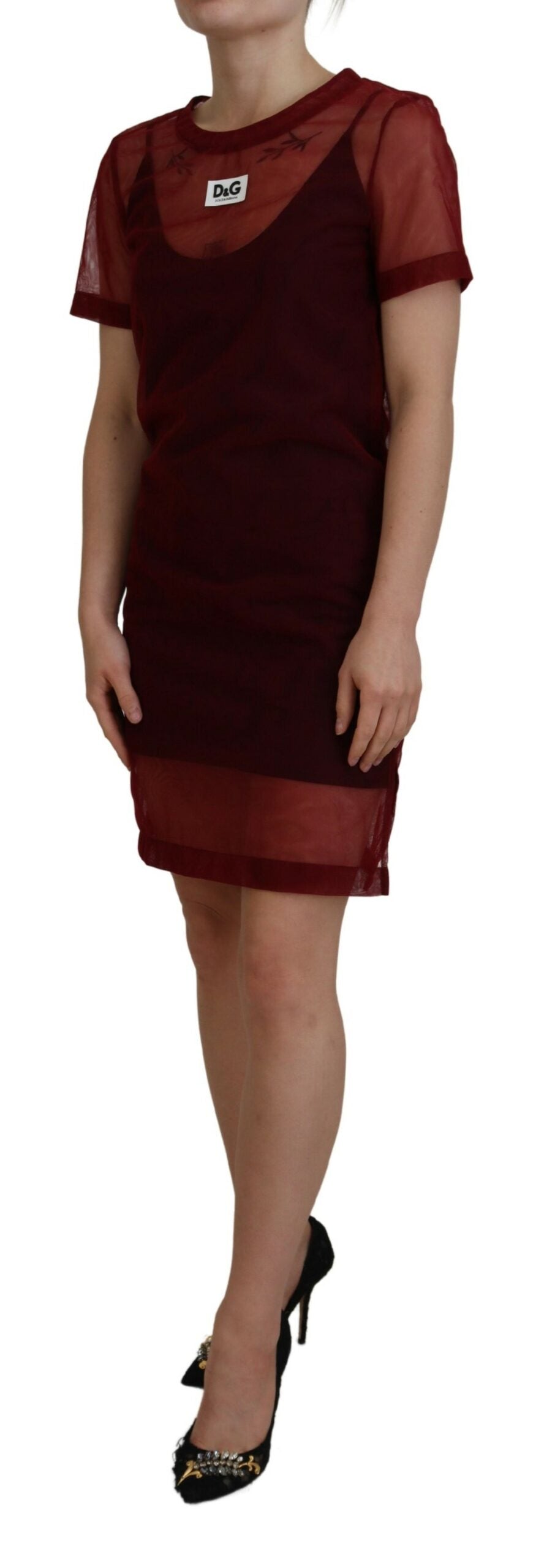 Maroon Nylon Two Layer Shift Mini Dress - ventzia