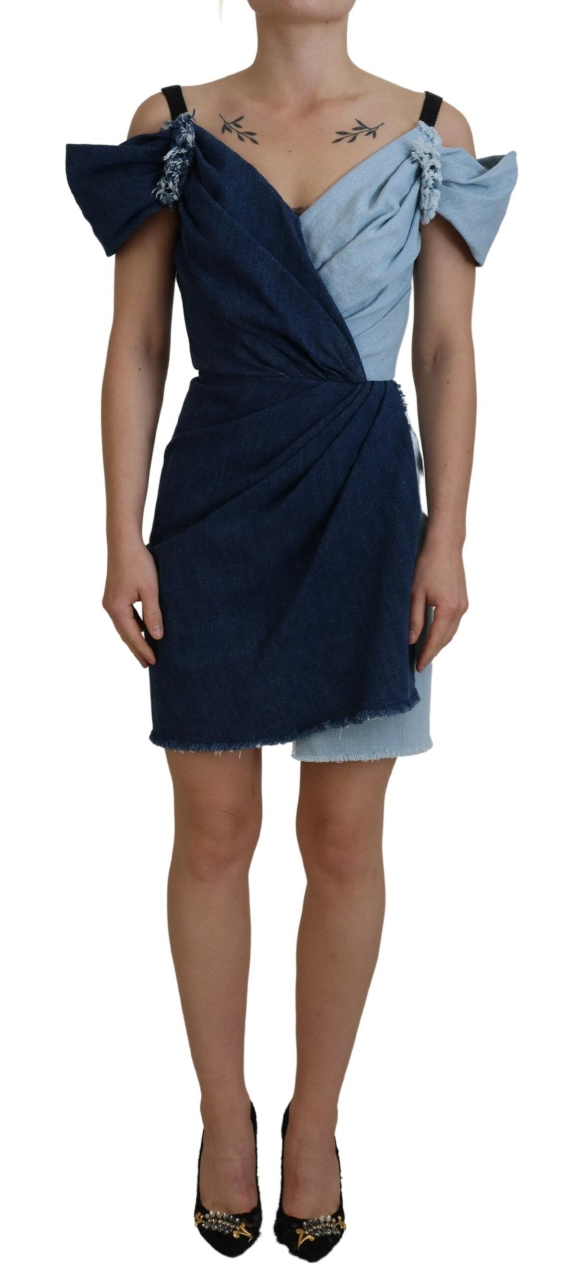 Two Tone Blue Patchwork Denim Mini Dress - ventzia
