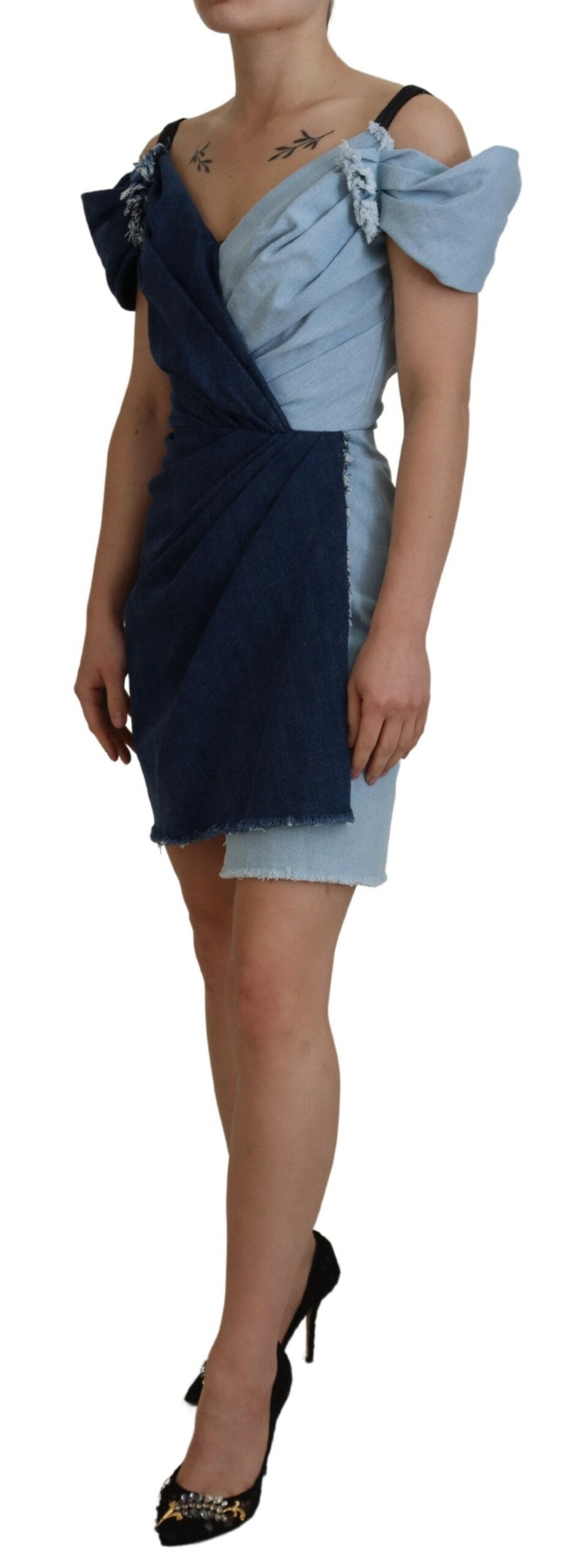 Two Tone Blue Patchwork Denim Mini Dress - ventzia