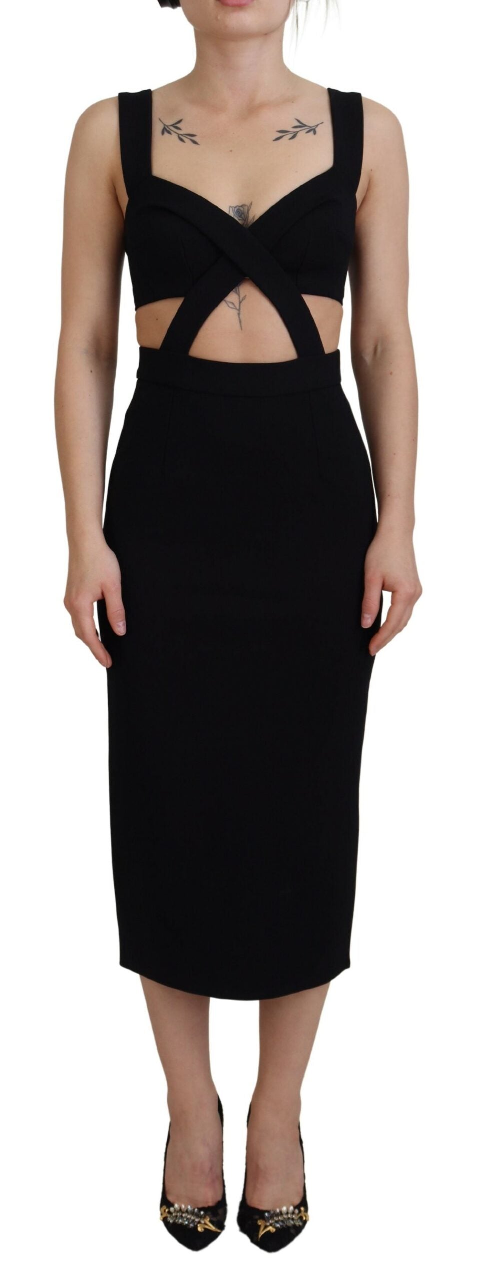 Black Viscose Bodycon Sheath Midi Dress - ventzia