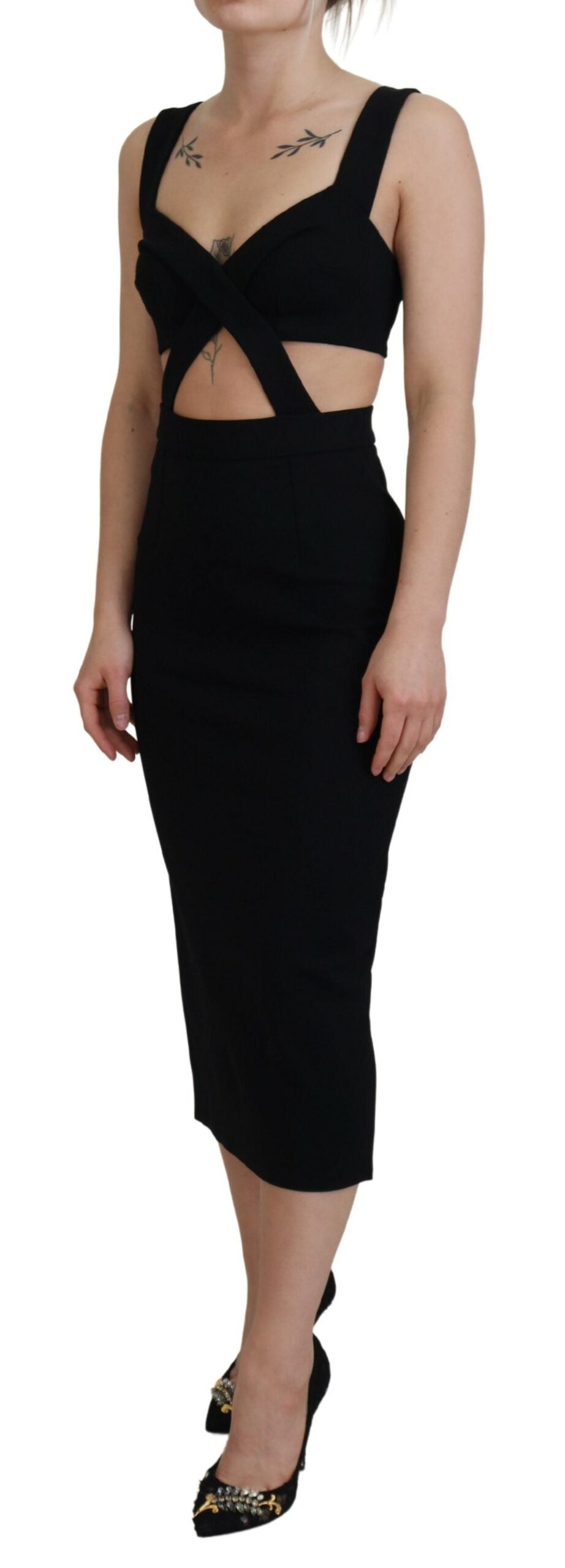 Black Viscose Bodycon Sheath Midi Dress - ventzia