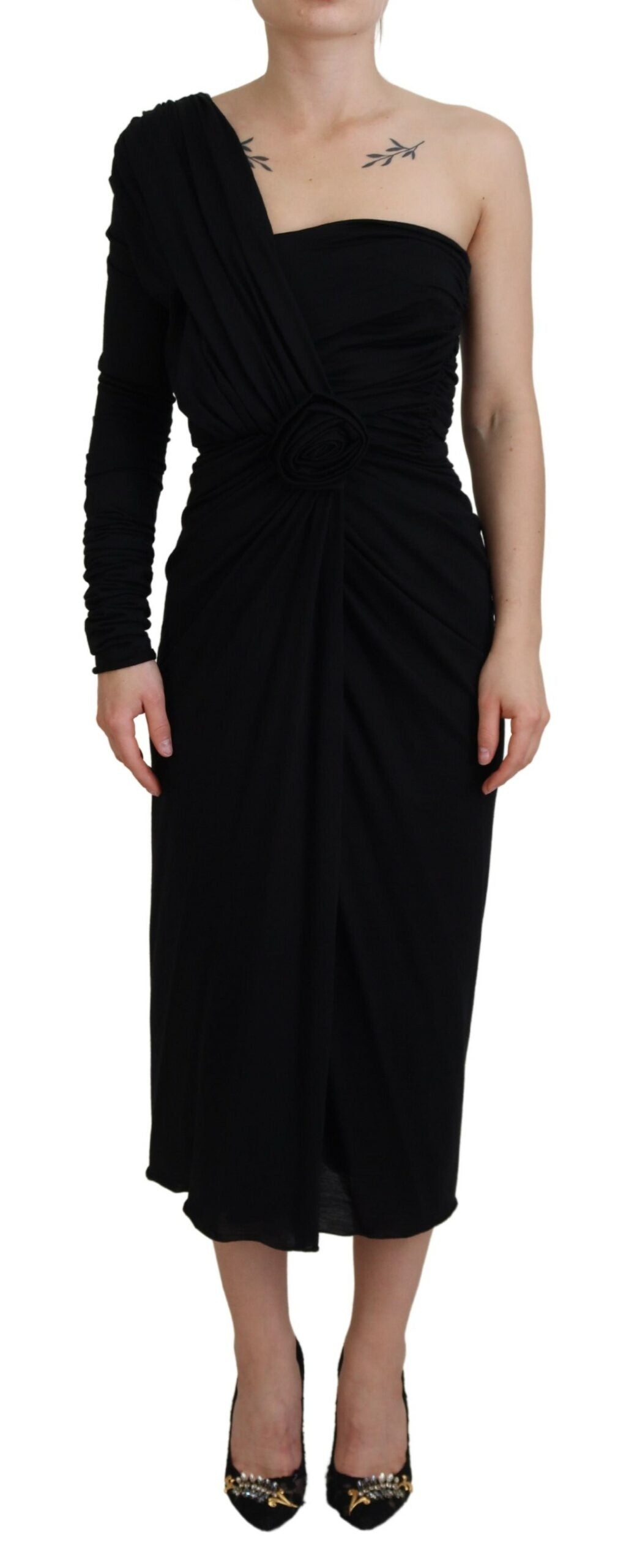 Black Wrap Sheath One Shoulder Wool Dress - ventzia