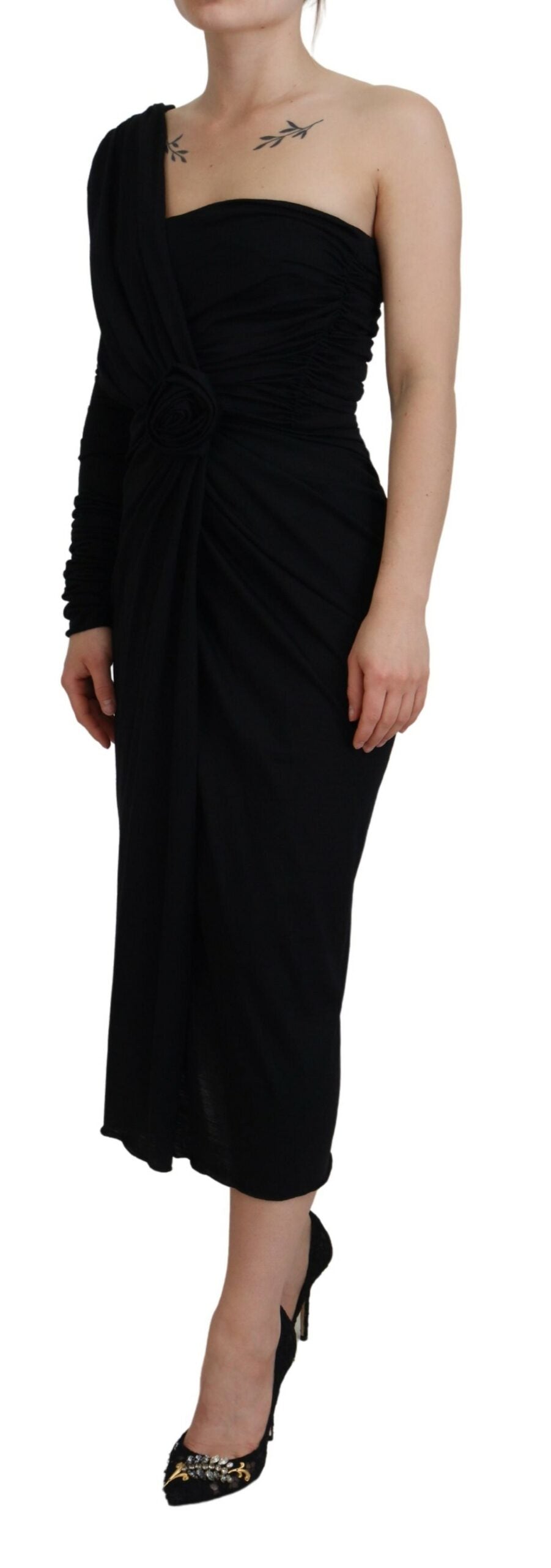 Black Wrap Sheath One Shoulder Wool Dress - ventzia