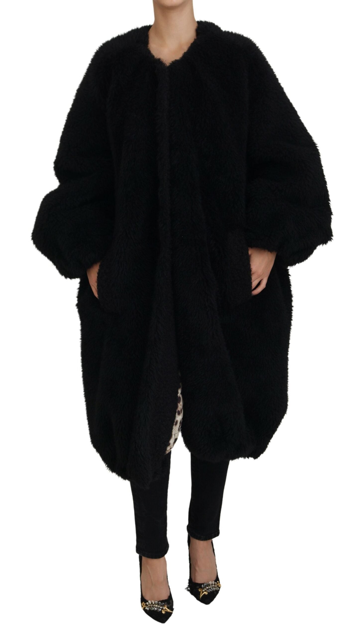 Black Cashmere Blend Faux Fur Coat Jacket - ventzia