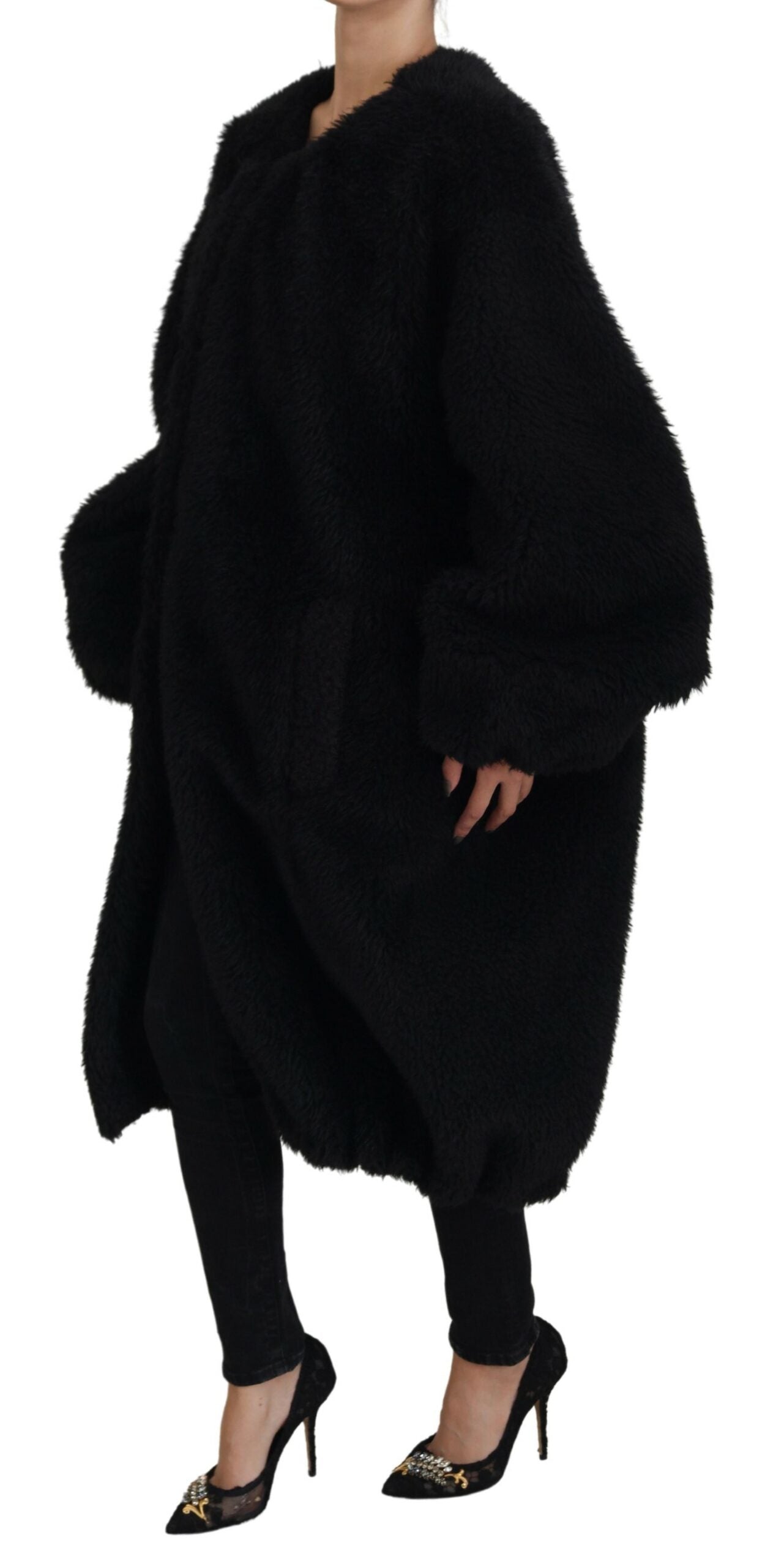 Black Cashmere Blend Faux Fur Coat Jacket - ventzia