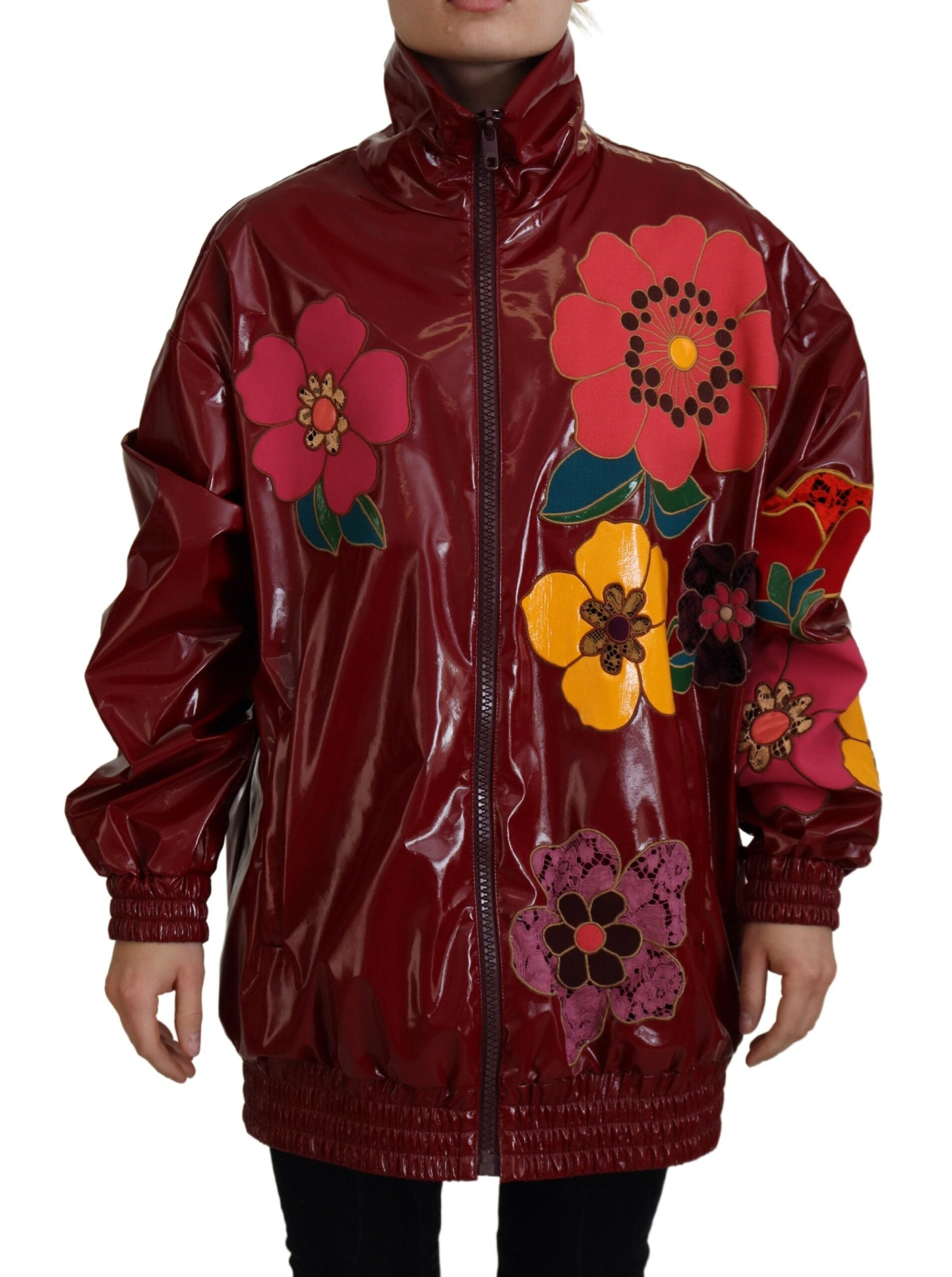 Maroon Floral Full Zip Polyester Women Jacket - ventzia