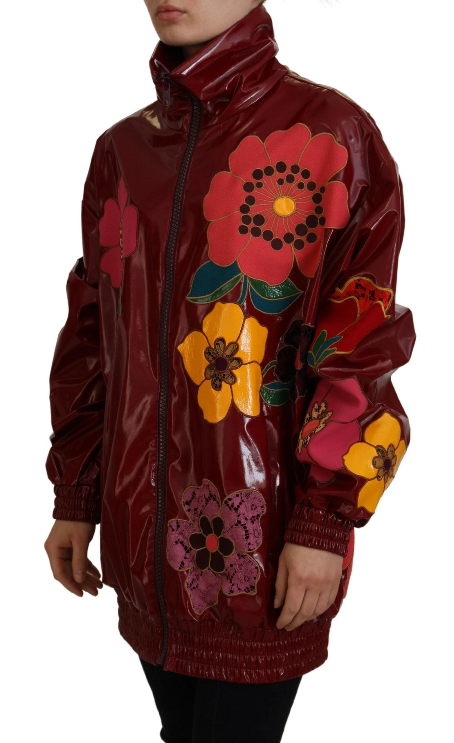 Maroon Floral Full Zip Polyester Women Jacket - ventzia