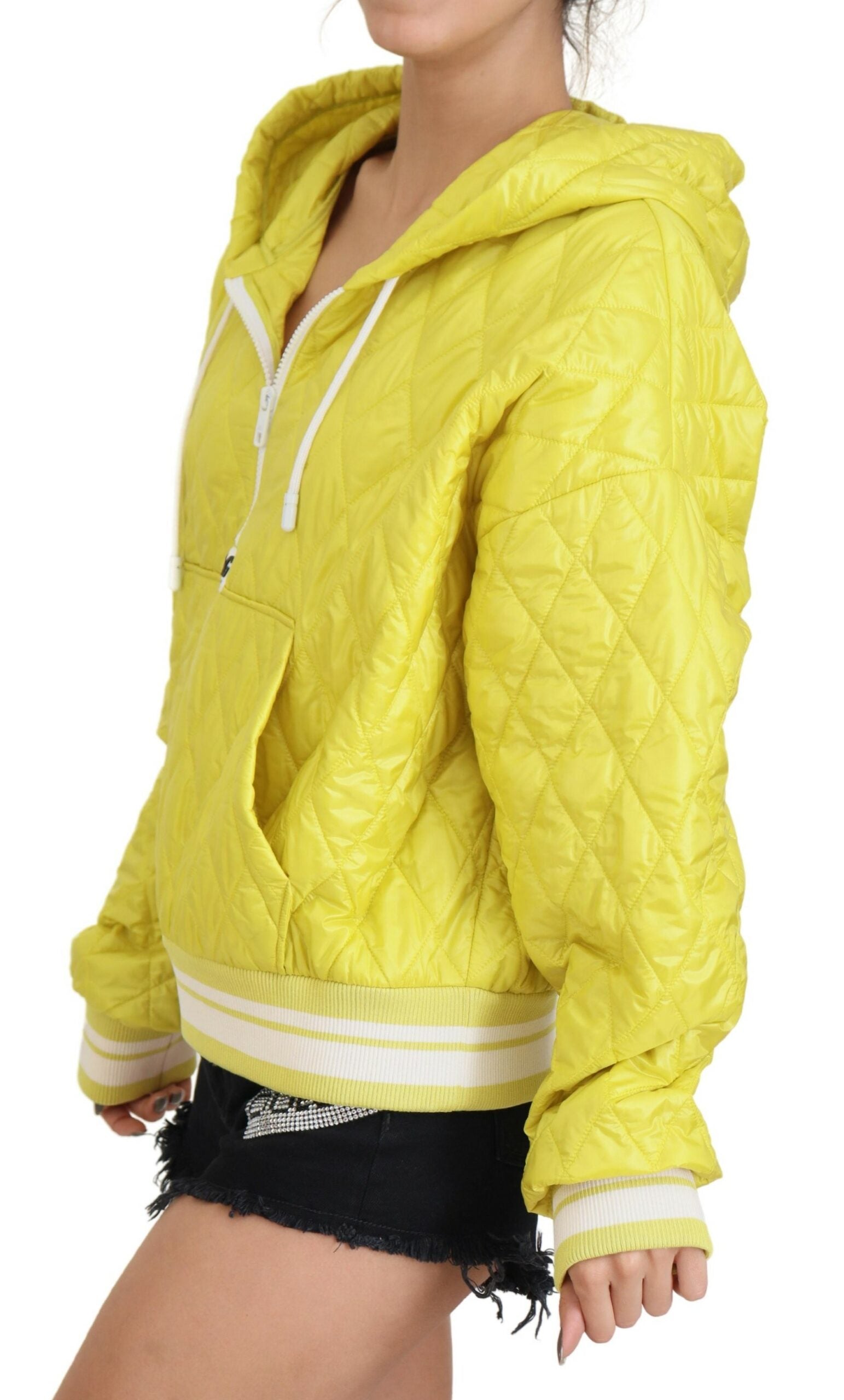 Yellow Nylon Quilted Hooded Pullover Jacket - ventzia