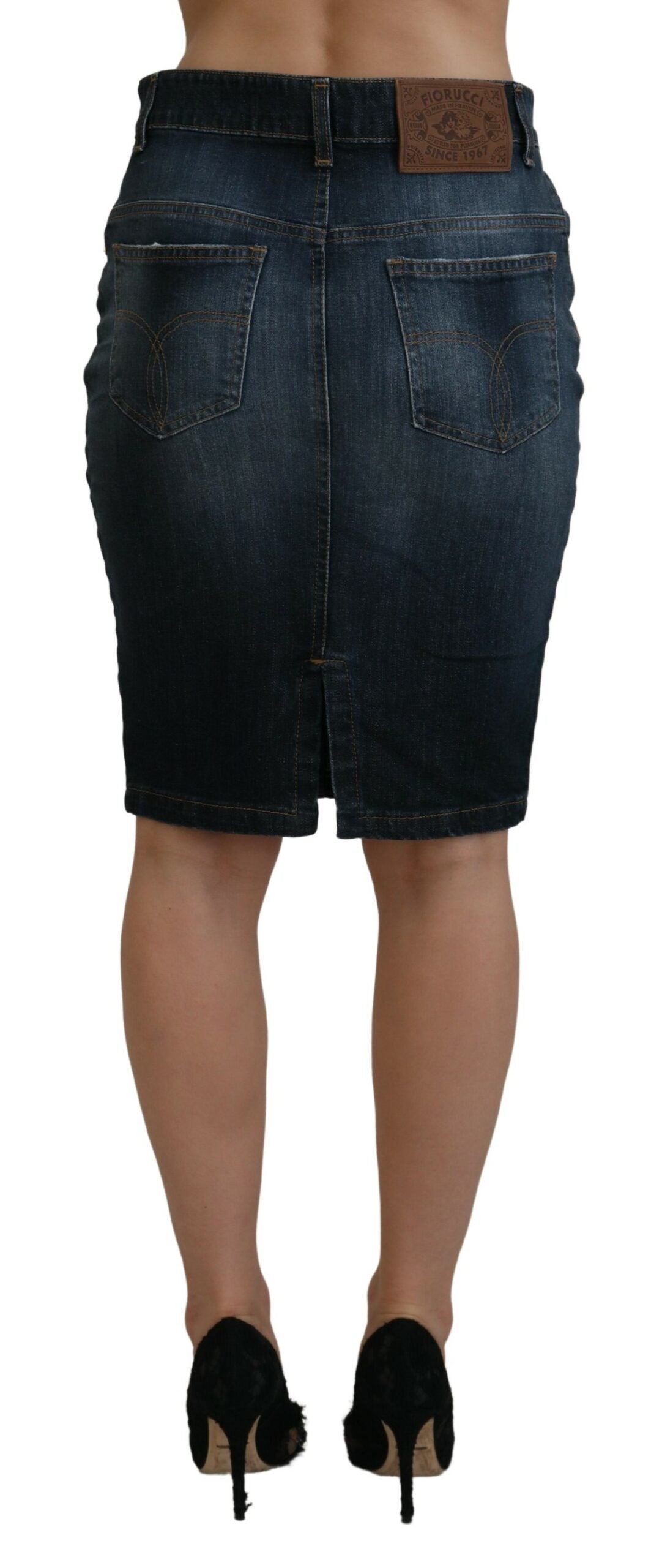 Dark Blue Washed Mid Waist Pencil Cut Denim Skirt - ventzia