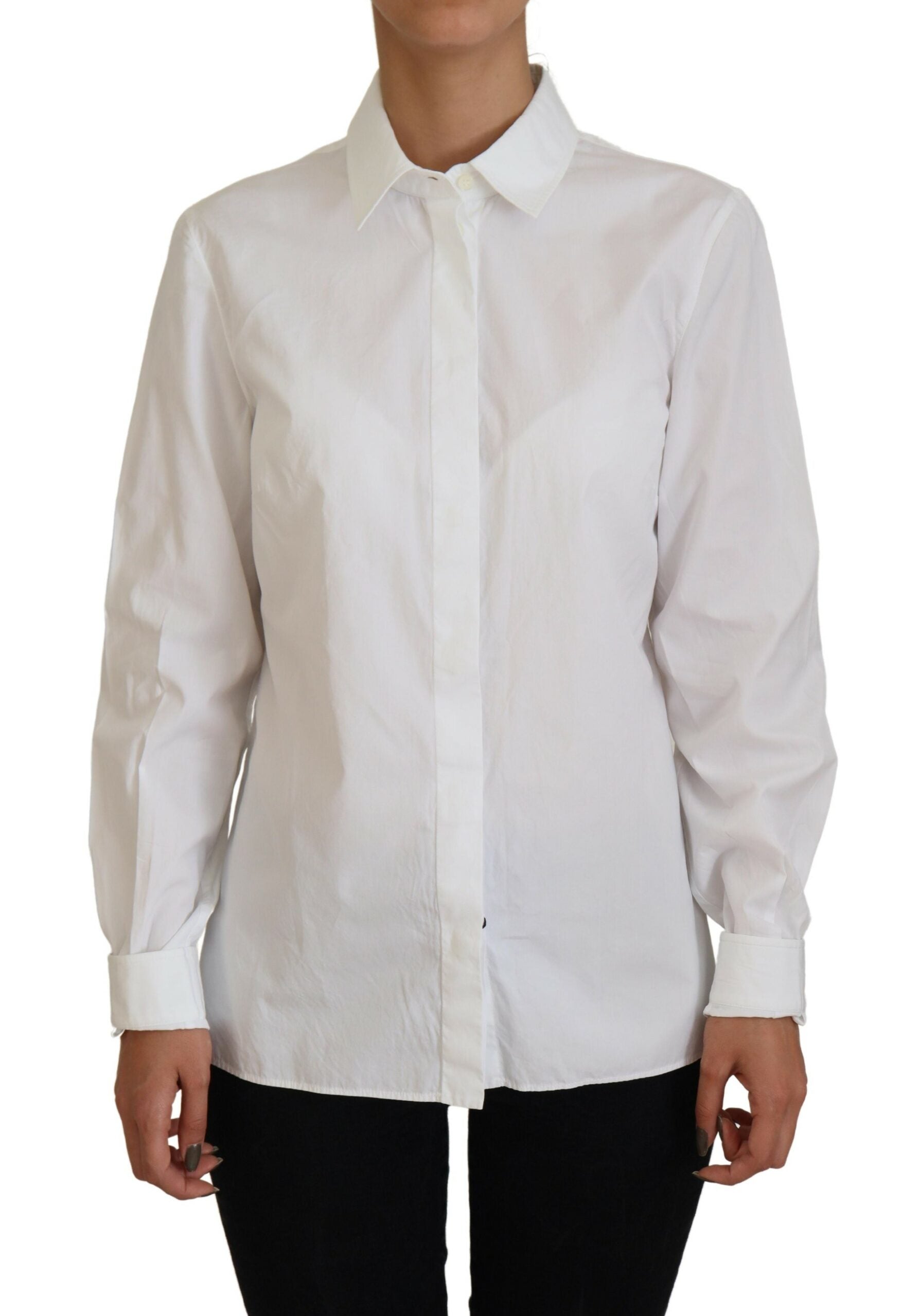 White Cotton Collared Long Sleeves Formal Top - ventzia
