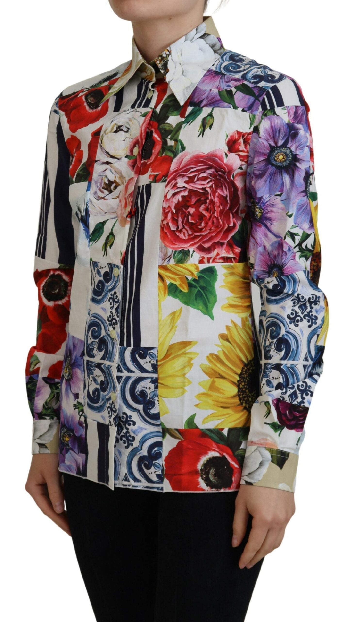 Multicolor Floral Cotton Collared Blouse Top - ventzia