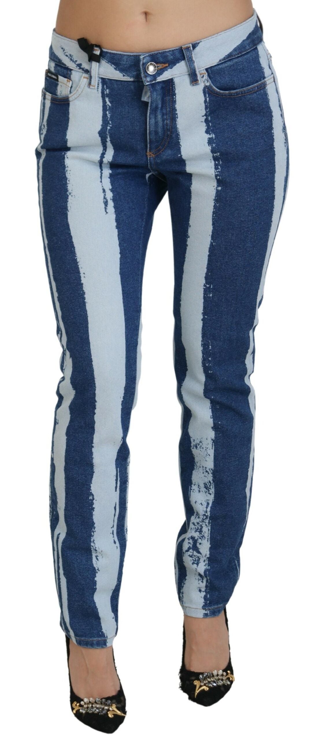 Cobalt Blue Stripes Skinny Denim Cotton Jeans - ventzia