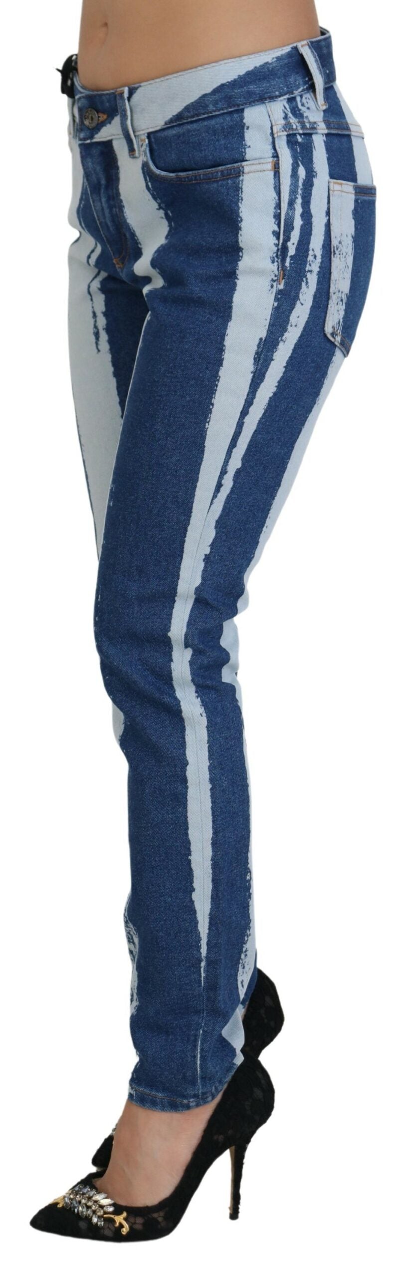 Cobalt Blue Stripes Skinny Denim Cotton Jeans - ventzia