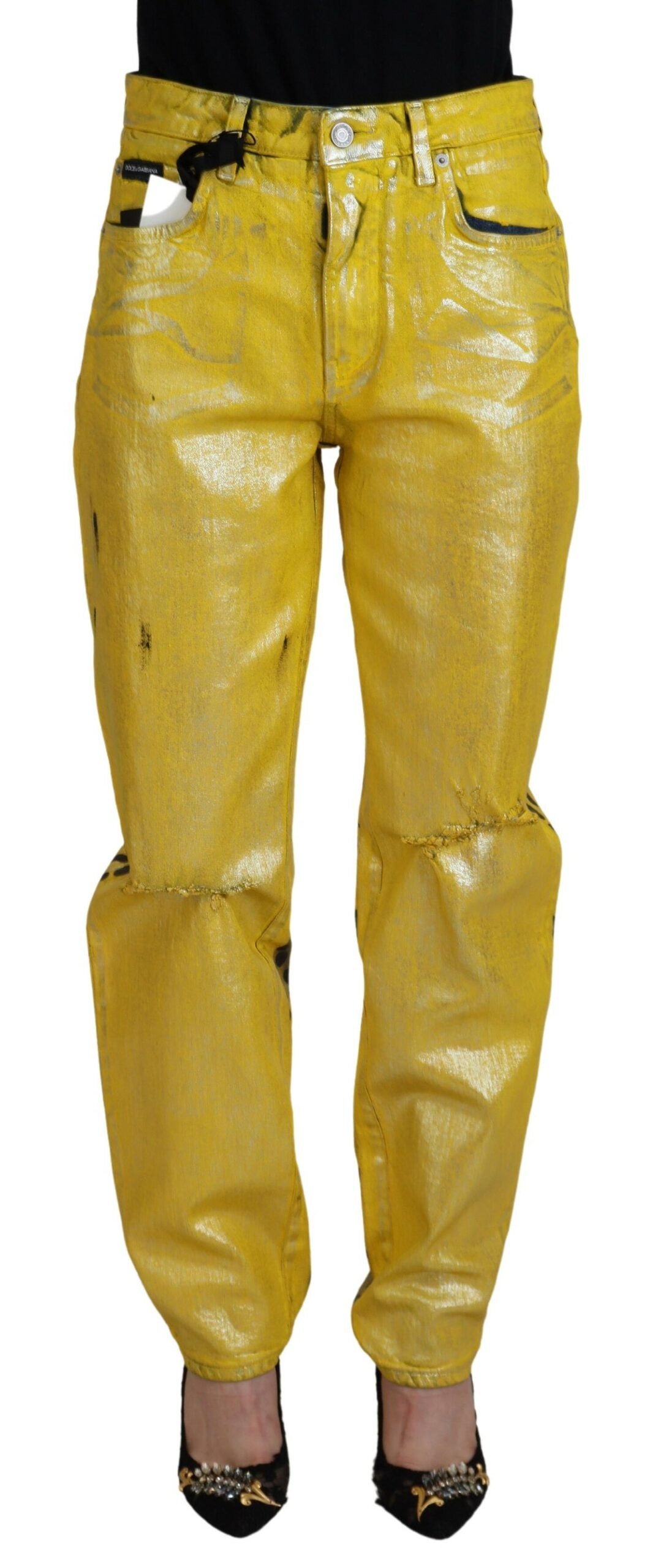 Yellow Leopard Cotton Straight Denim Jeans - ventzia