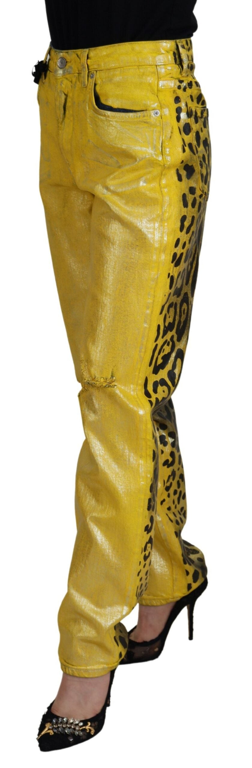 Yellow Leopard Cotton Straight Denim Jeans - ventzia