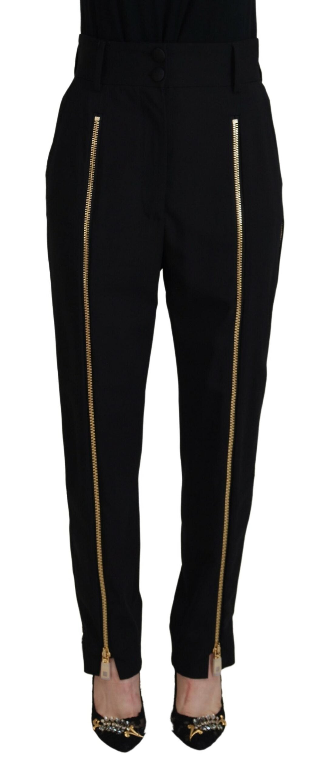 Black Wool High Waist Tapered Pants - ventzia