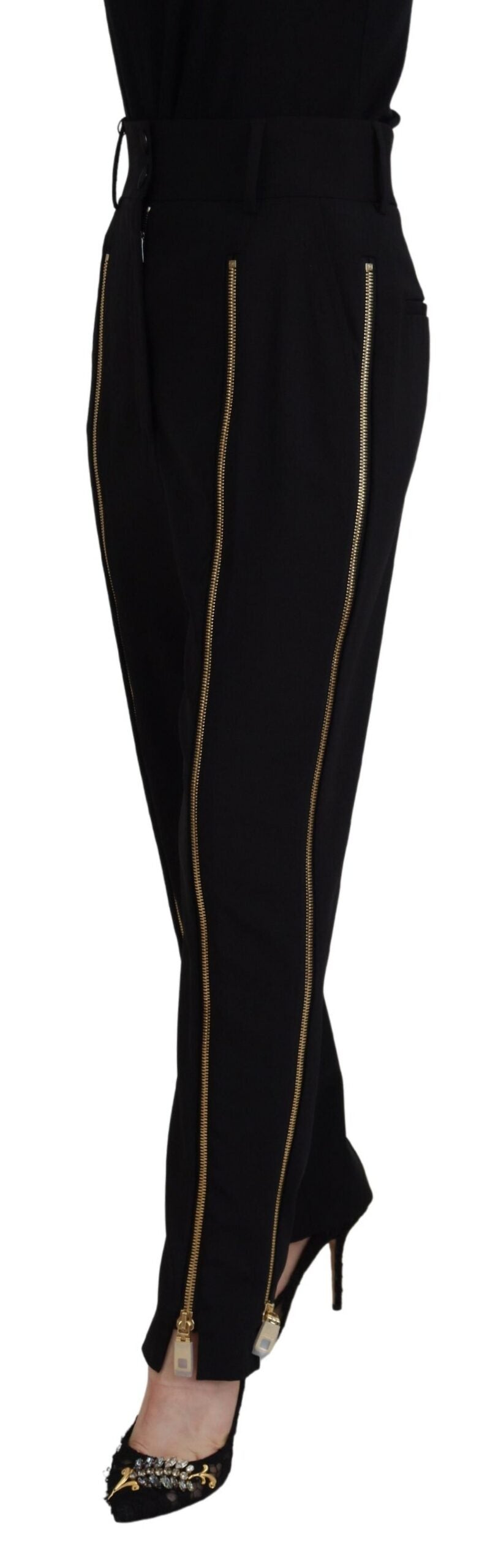 Black Wool High Waist Tapered Pants - ventzia