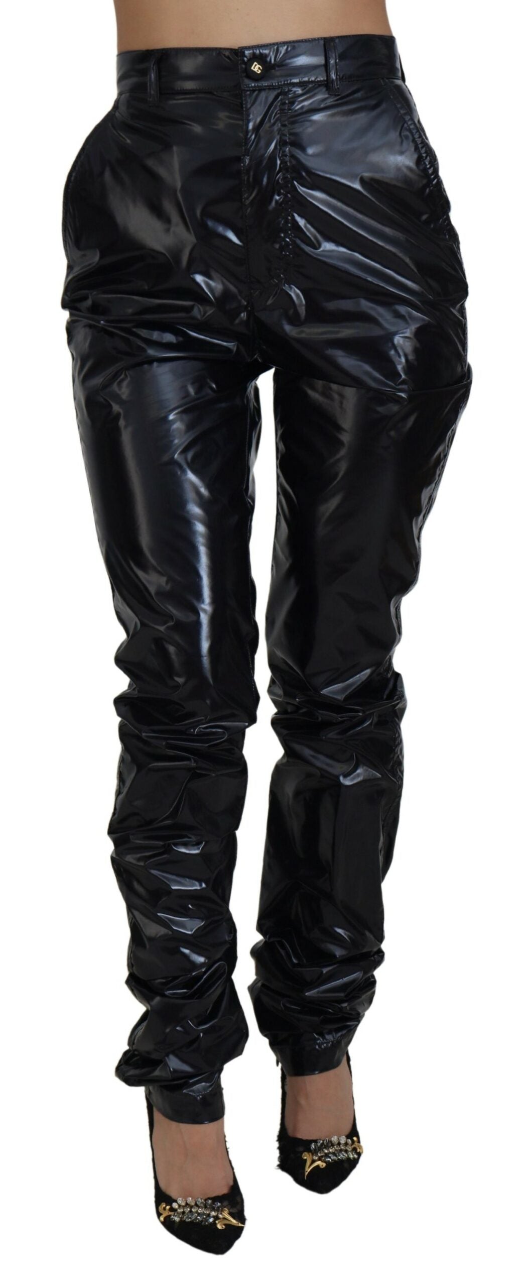 Black Nylon High Waist Skinny Pants - ventzia