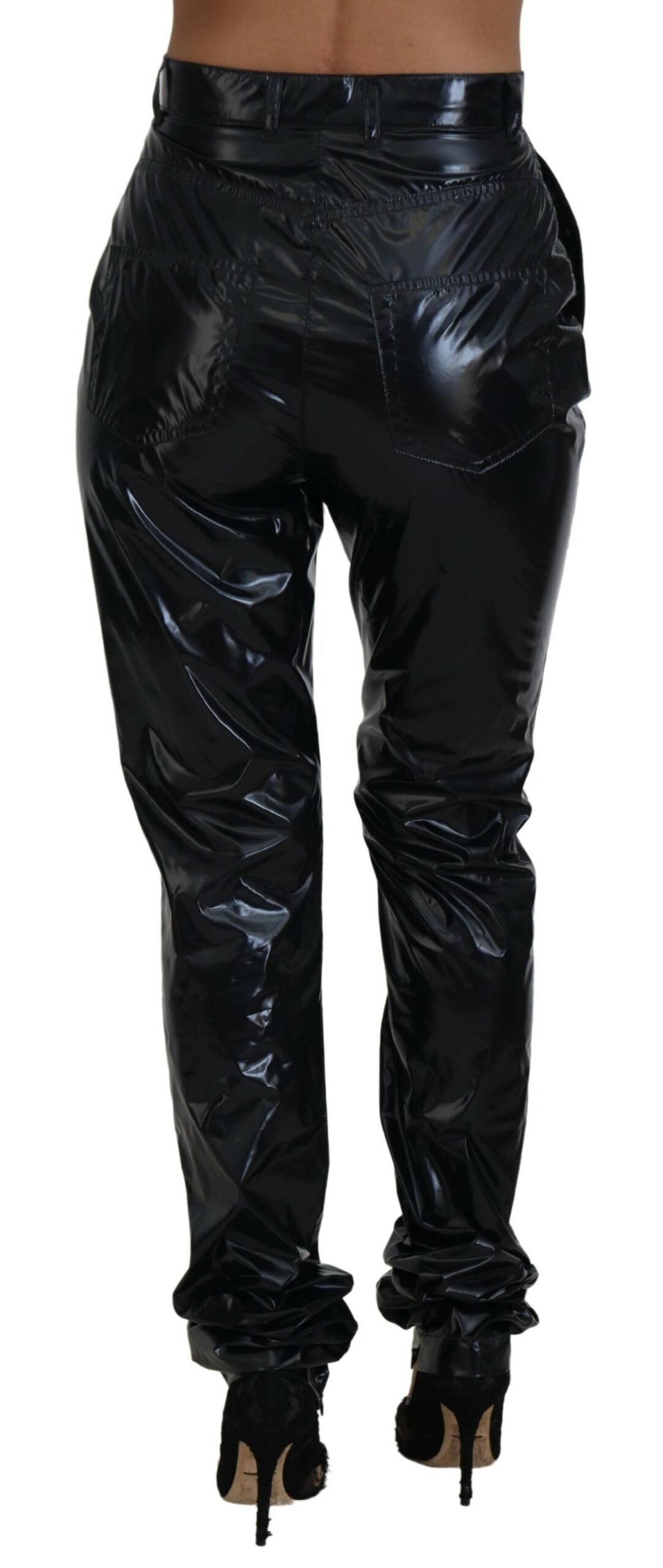 Black Nylon High Waist Skinny Pants - ventzia