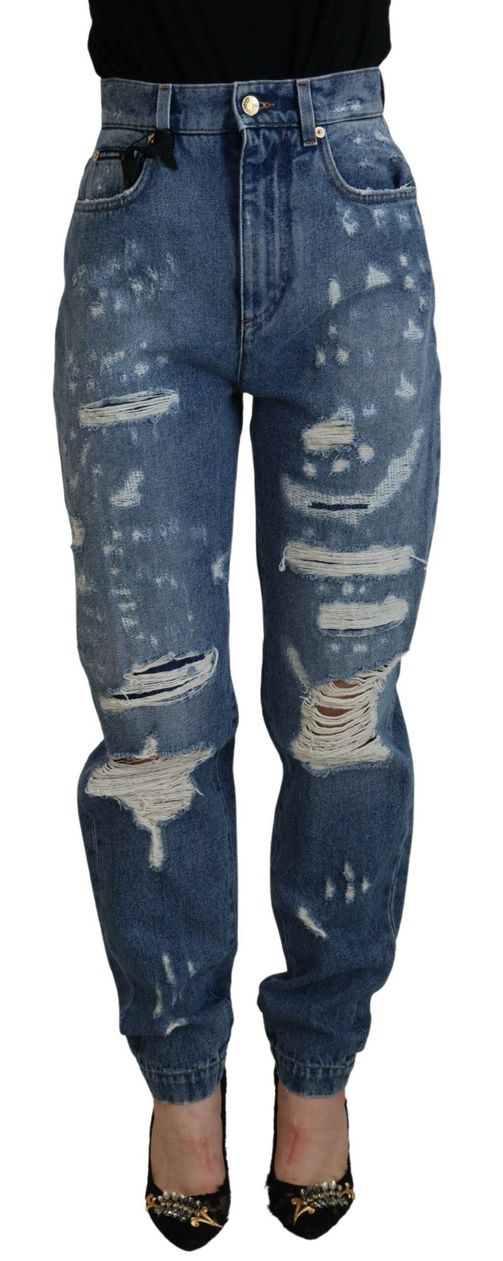 Blue Tattered Skinny Denim Cotton Jeans - ventzia