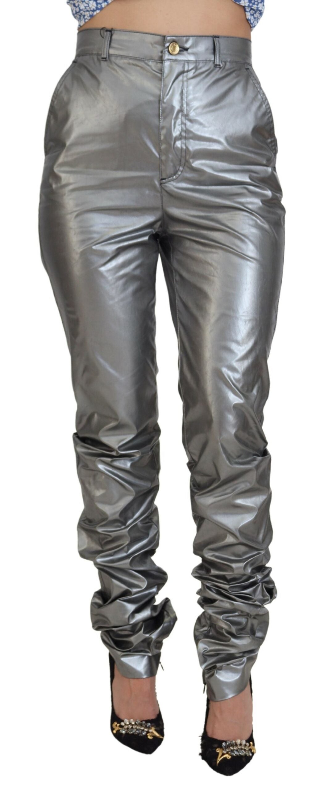 Metallic Silver High Waist Skinny Pants - ventzia