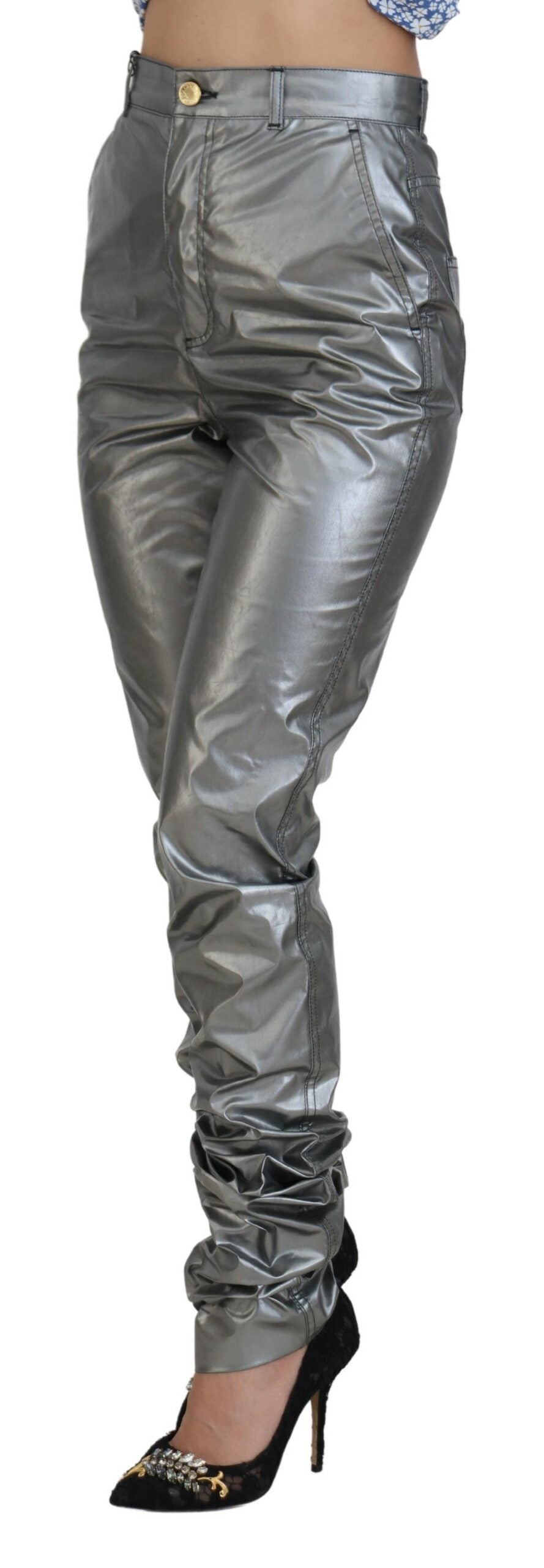 Metallic Silver High Waist Skinny Pants - ventzia
