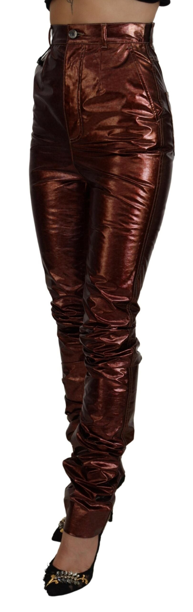 Metallic Bronze High Waist Skinny Jeans - ventzia
