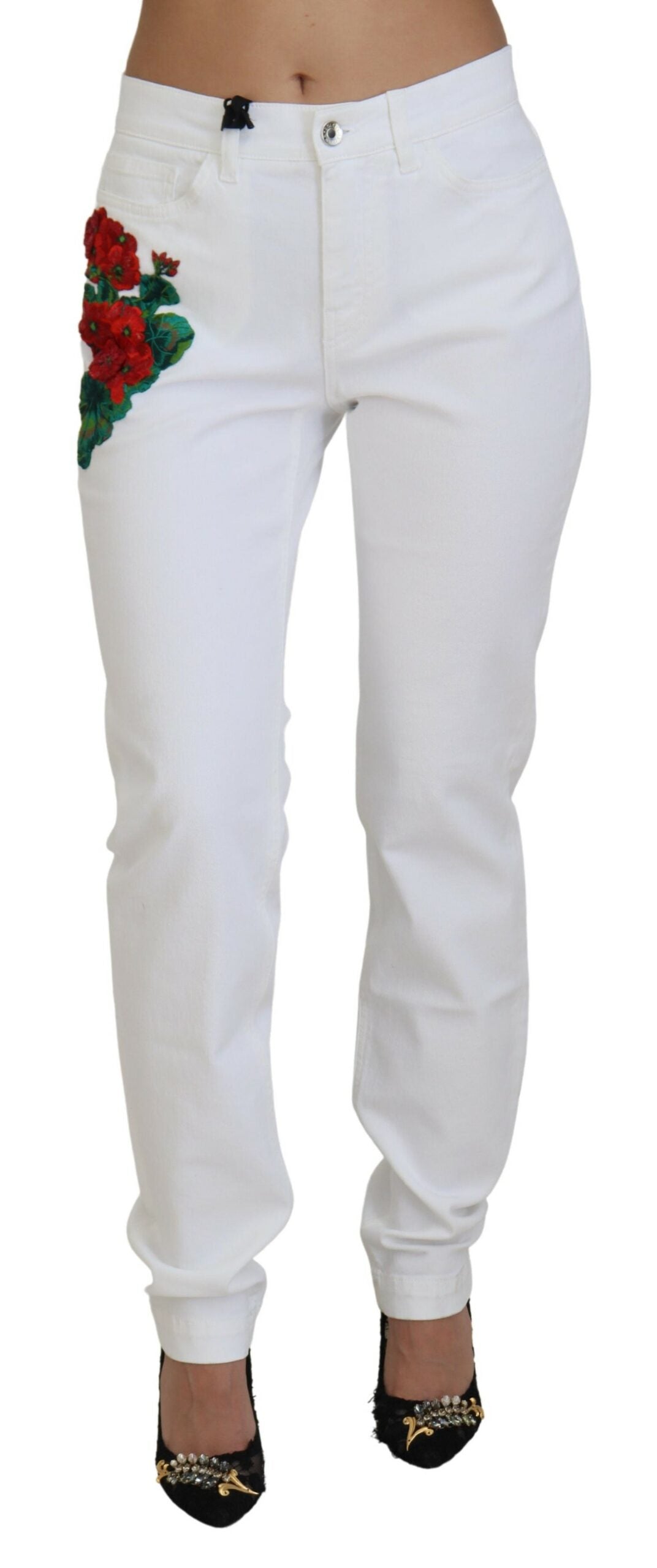 White Floral Embroidery Skinny Denim Jeans - ventzia