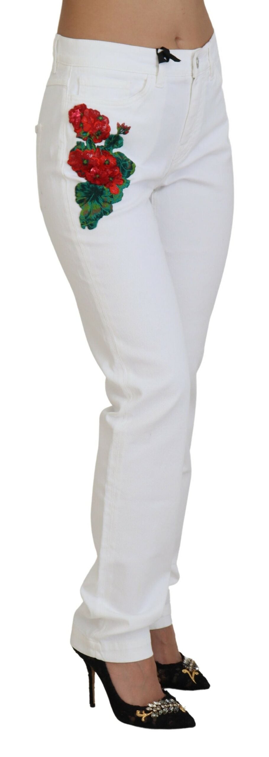 White Floral Embroidery Skinny Denim Jeans - ventzia