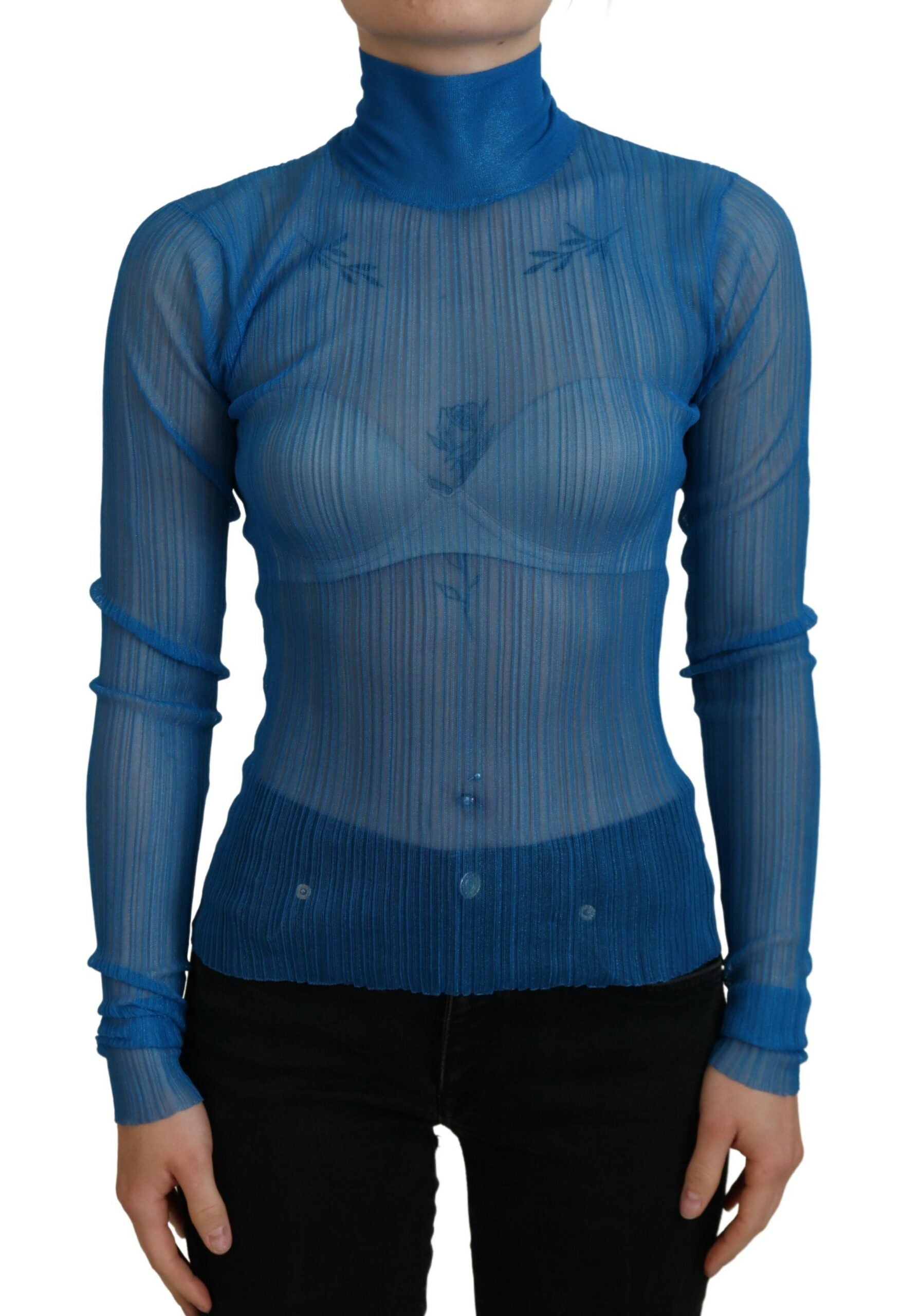 Blue Mesh Turtleneck Long Sleeve Blouse Top - ventzia
