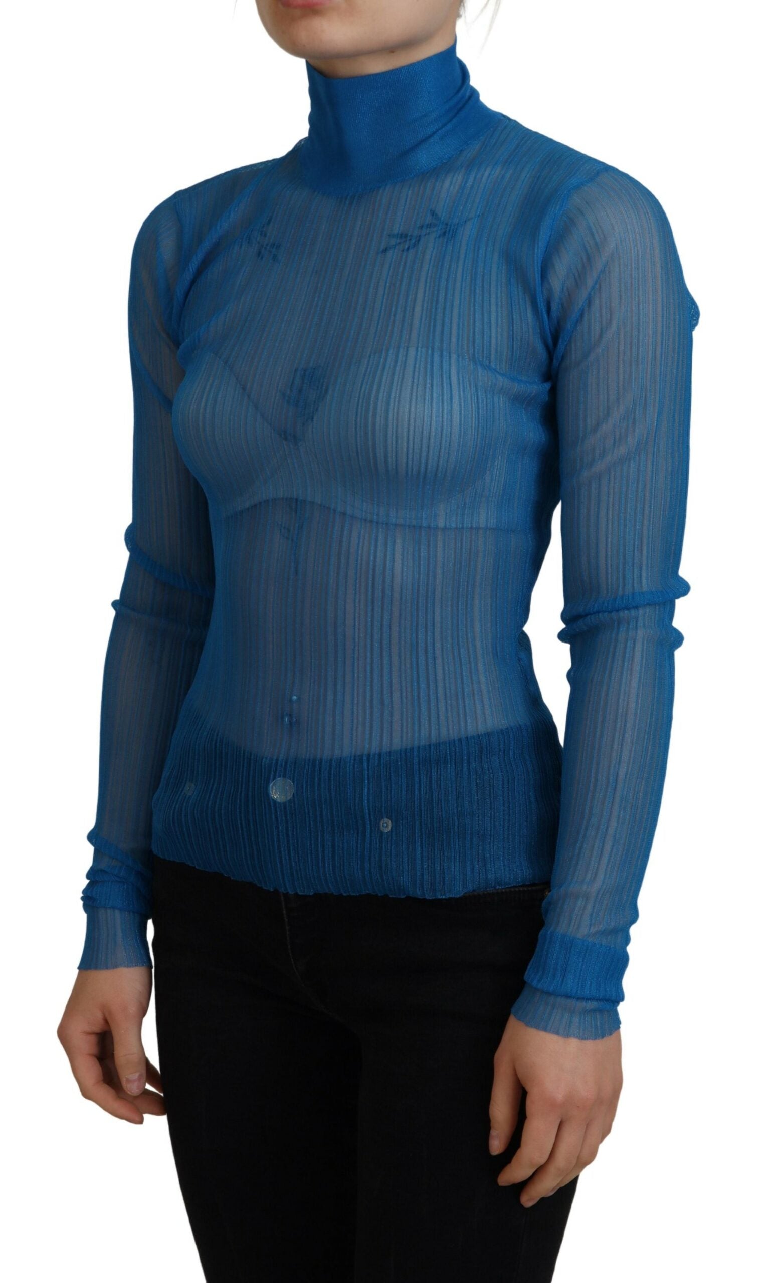 Blue Mesh Turtleneck Long Sleeve Blouse Top - ventzia