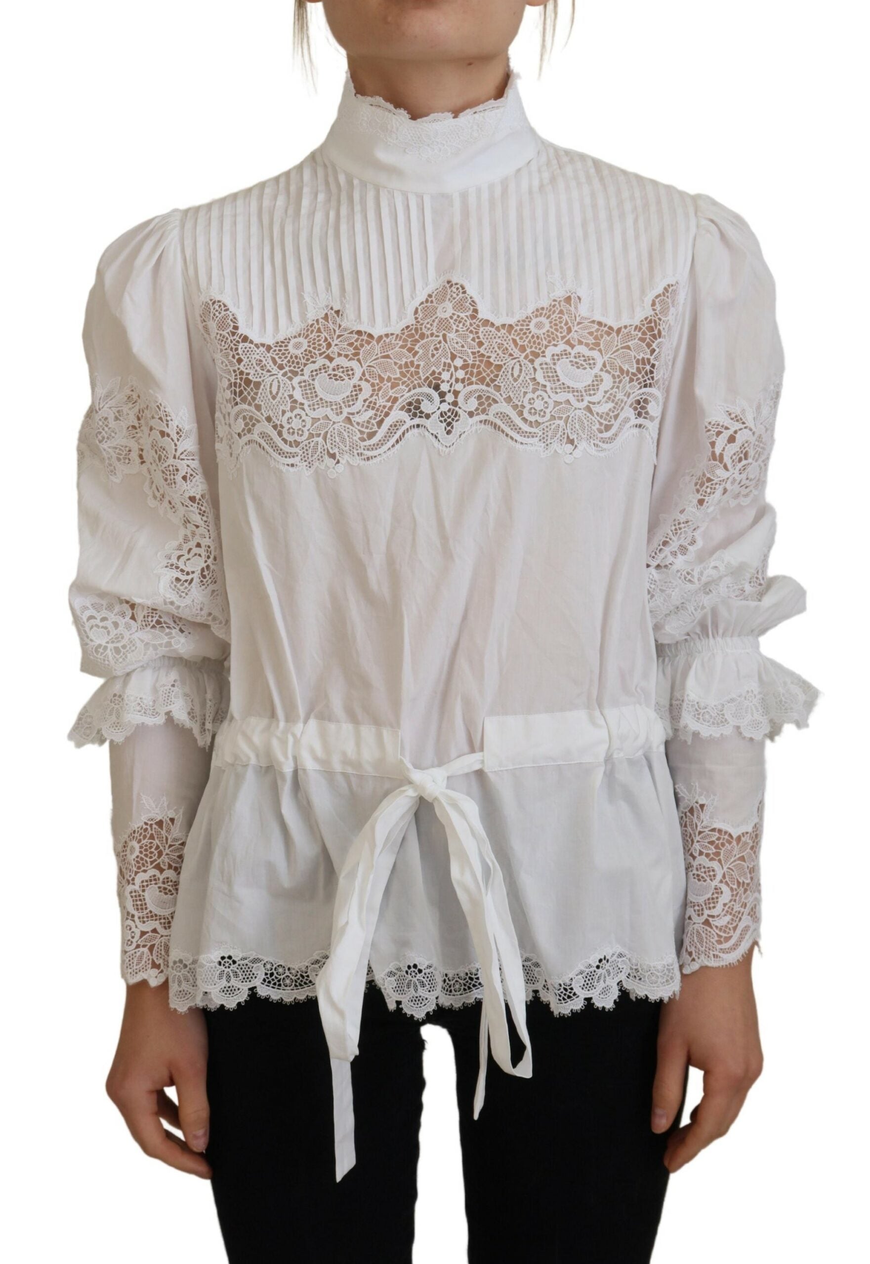 White Cotton Lace Trim Turtle Neck Blouse Top - ventzia