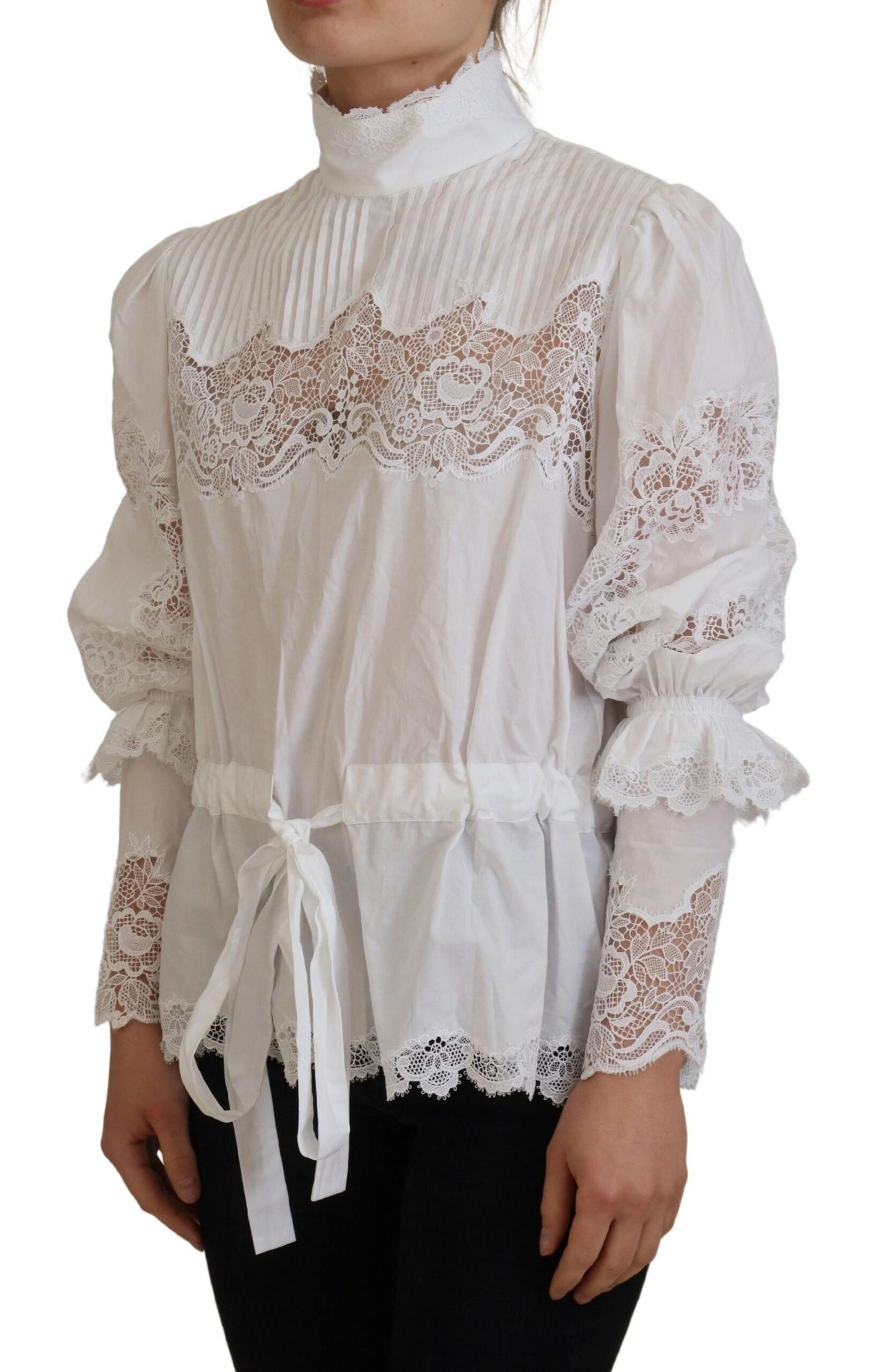 White Cotton Lace Trim Turtle Neck Blouse Top - ventzia