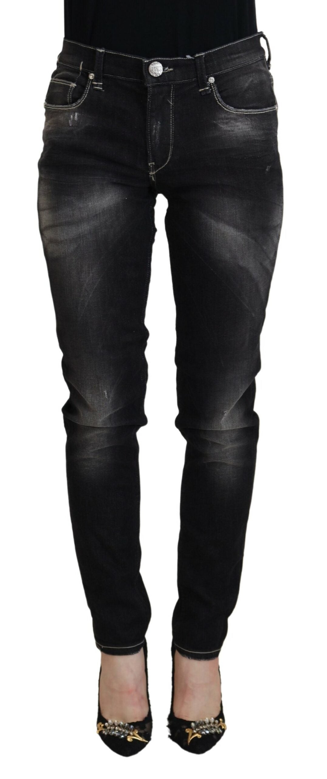 Black Washed Mid Waist Tapered Women Casual Denim Jeans - ventzia