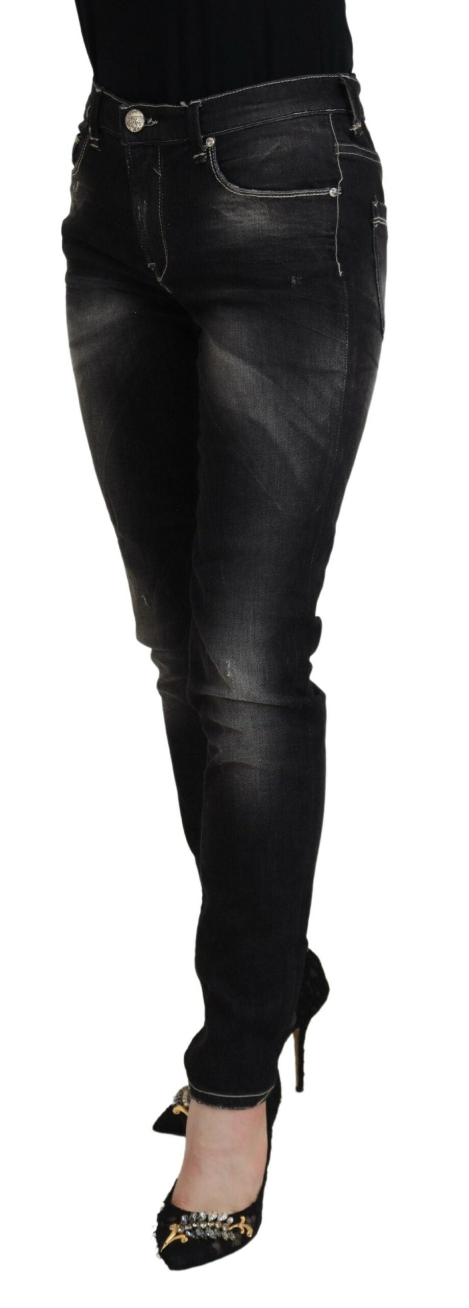 Black Washed Mid Waist Tapered Women Casual Denim Jeans - ventzia