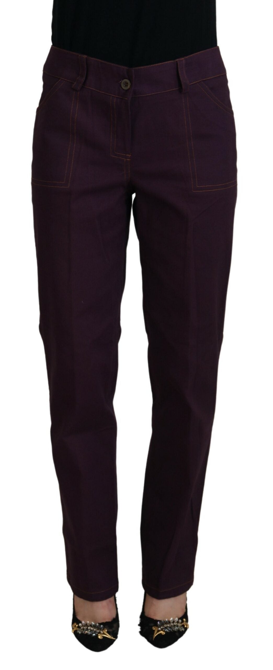 Purple Cotton Mid Waist Women Tapered Pants - ventzia
