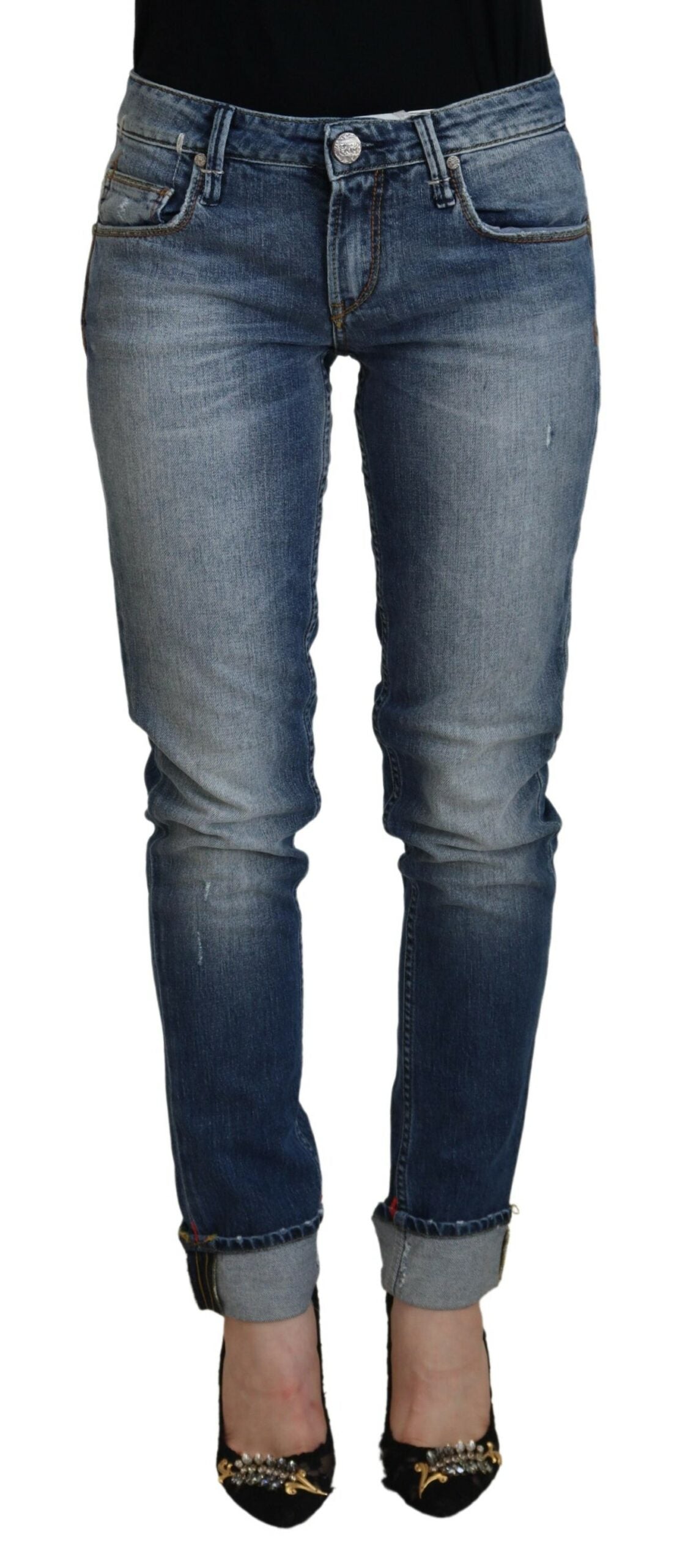 Blue Washed Cotton Low Waist Women Casual Jeans - ventzia