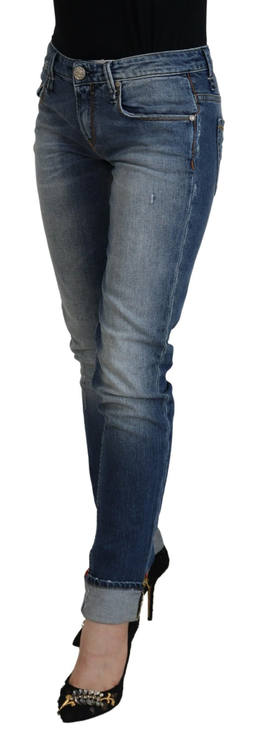 Blue Washed Cotton Low Waist Women Casual Jeans - ventzia