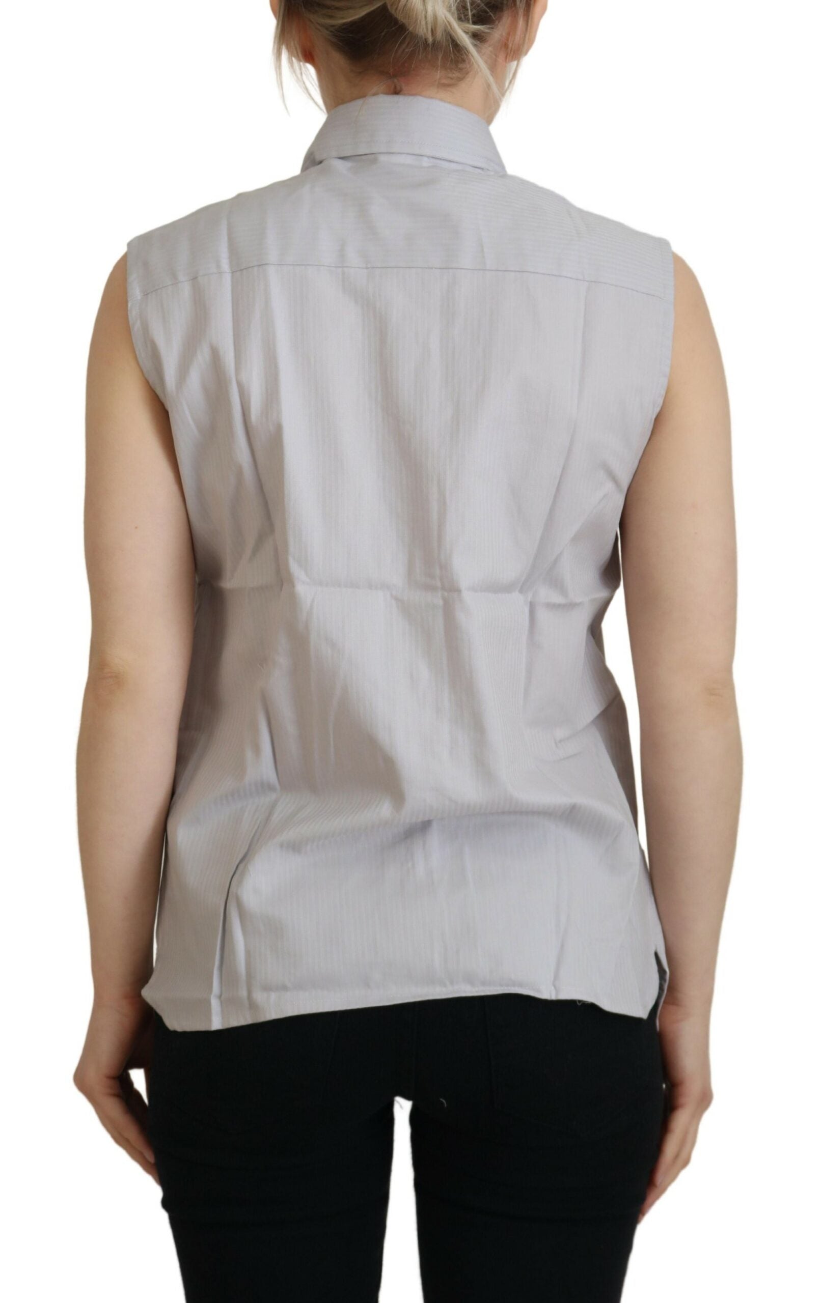Light Gray Stripes Cotton Sleeveless Collared Top - ventzia