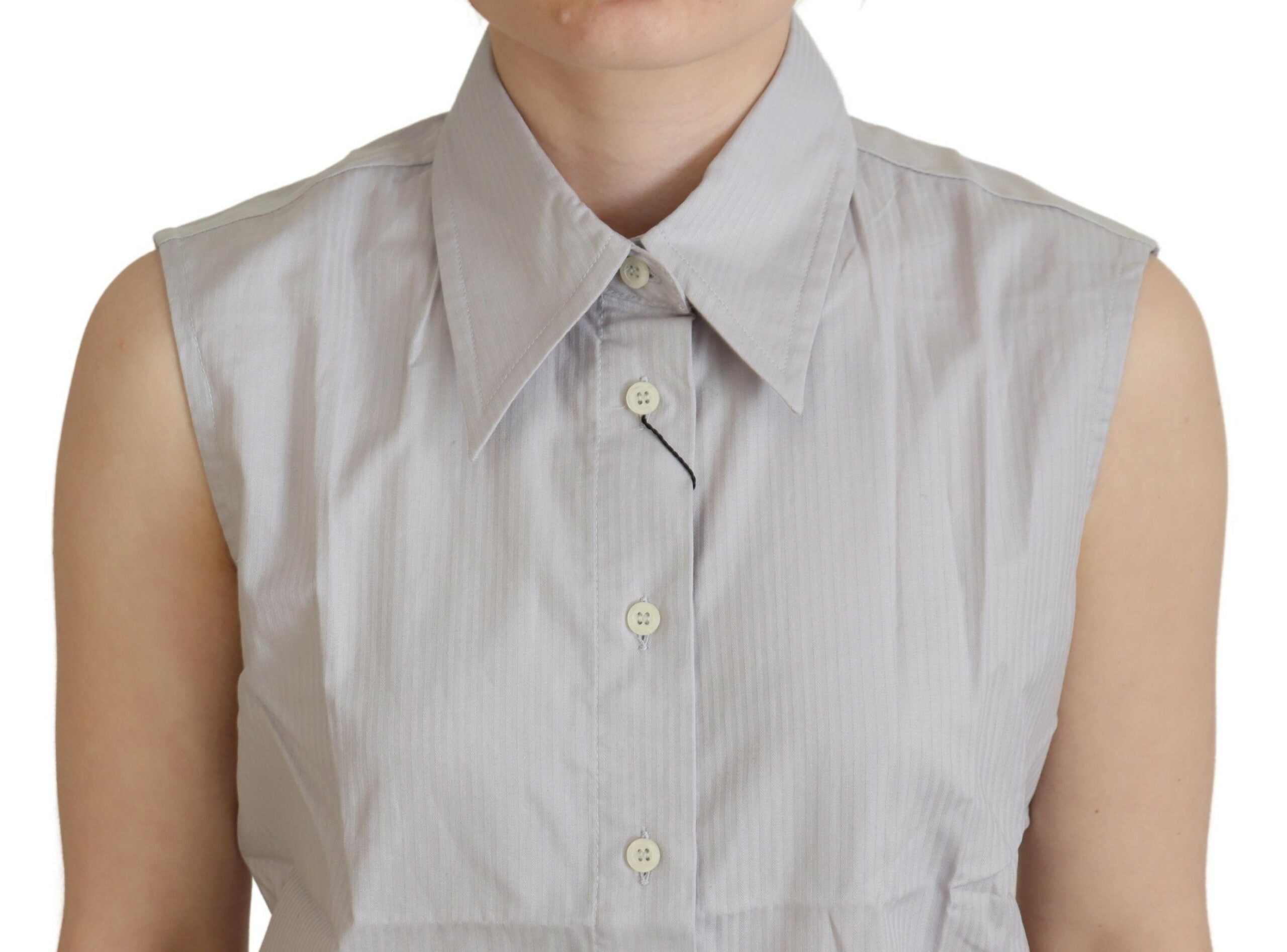 Light Gray Stripes Cotton Sleeveless Collared Top - ventzia