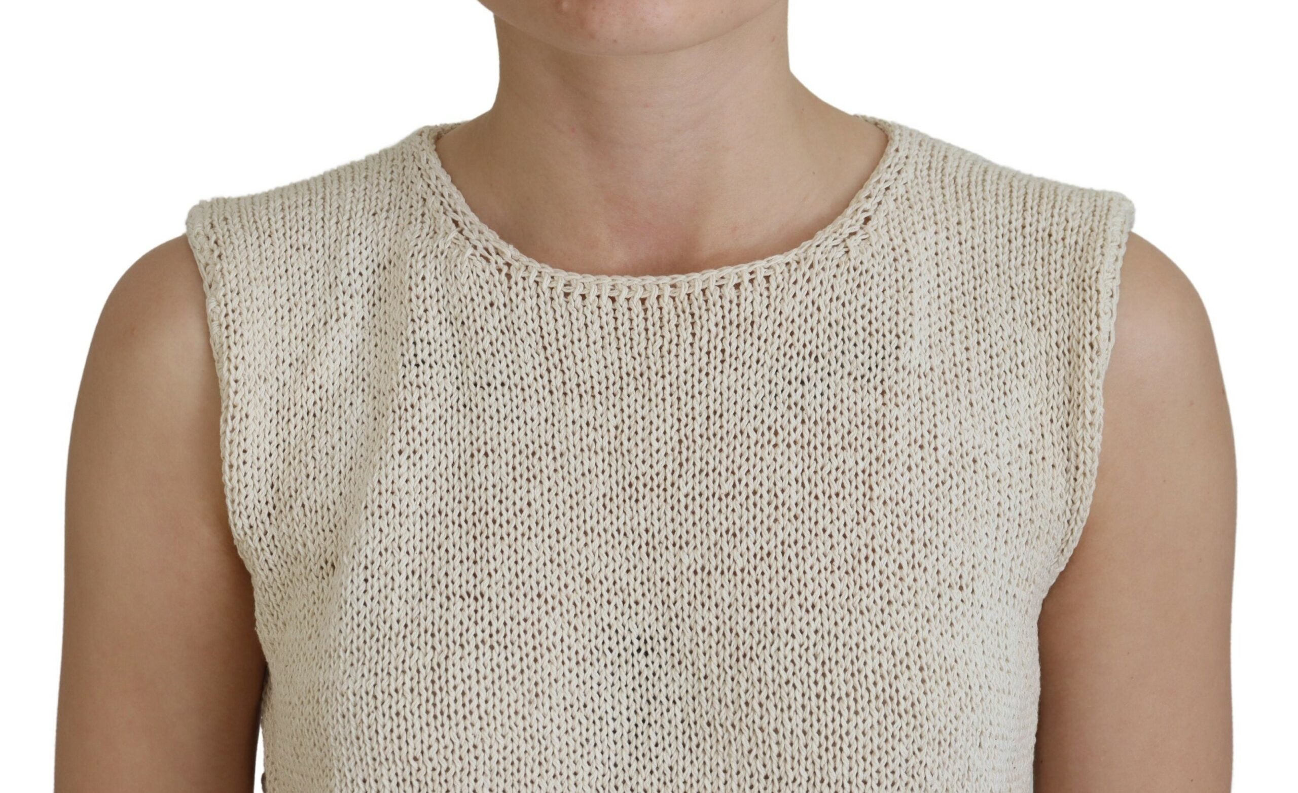 Beige Cotton Blend Sleeveless Round Neck Tank Top - ventzia