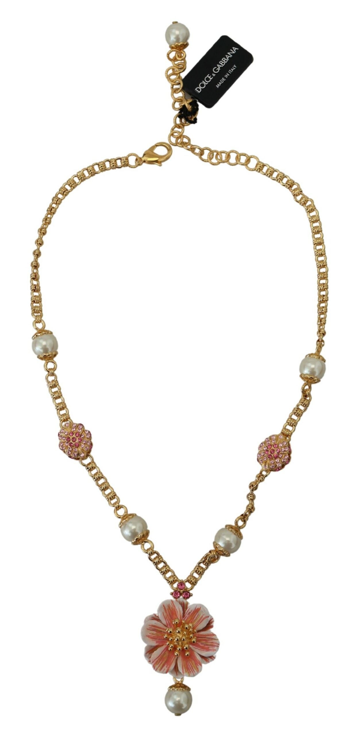 Gold Tone Floral Crystals Pink Embellished Necklace - ventzia