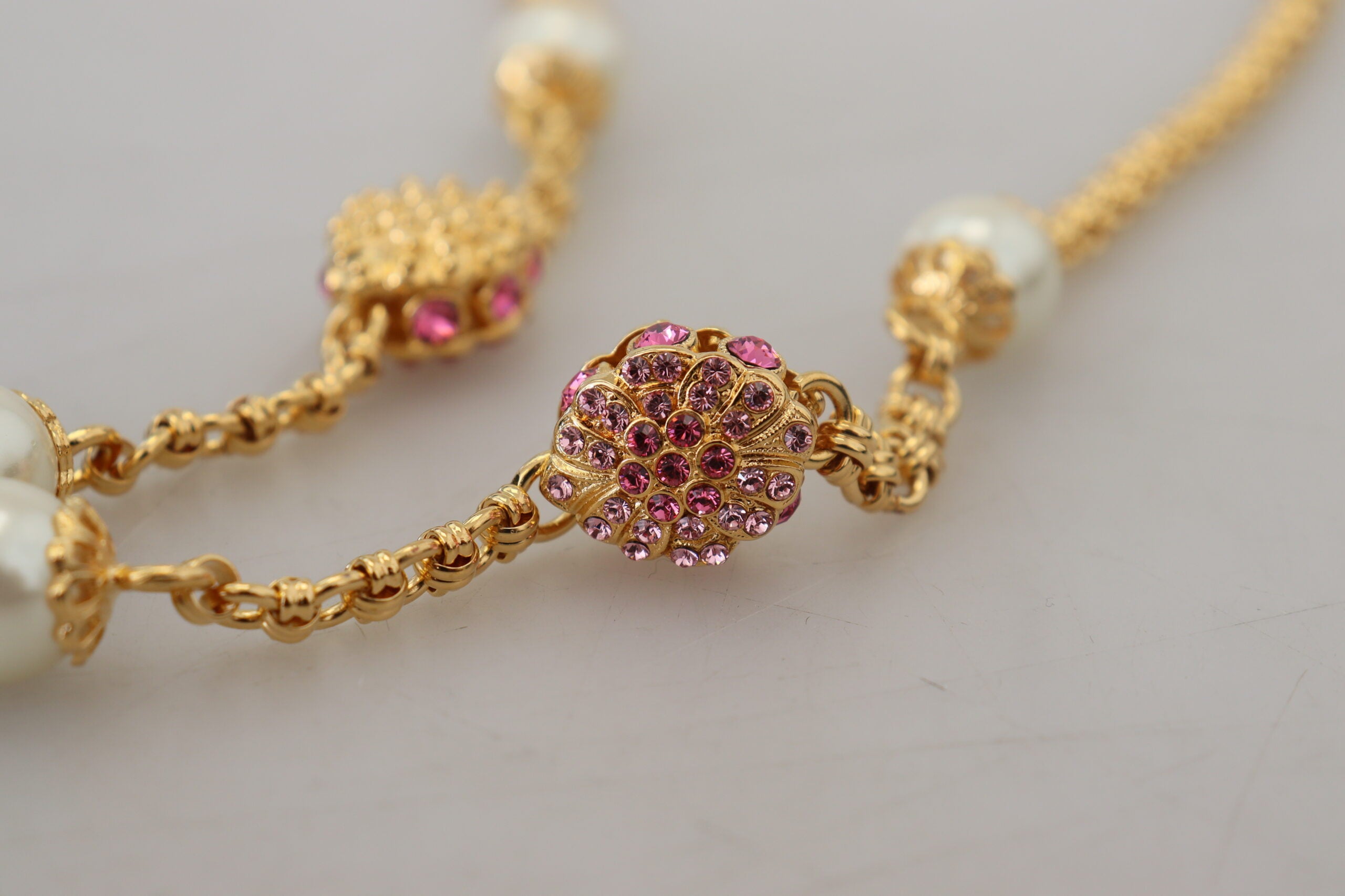 Gold Tone Floral Crystals Pink Embellished Necklace - ventzia